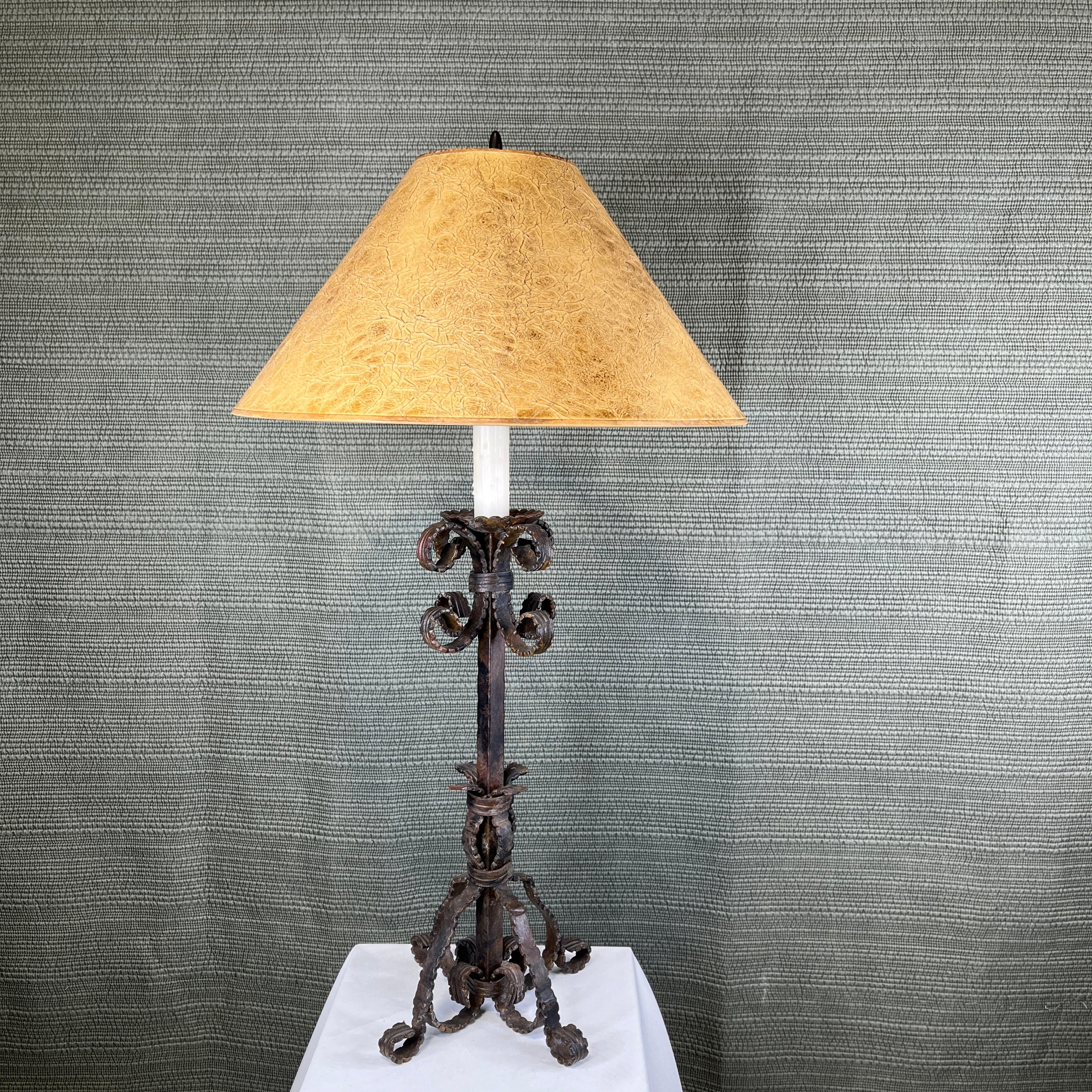 Vintage Bronze Brushed Wrought Iron Candlestick with Shade Table Lamp 19" Diameter @ Shade x 34"