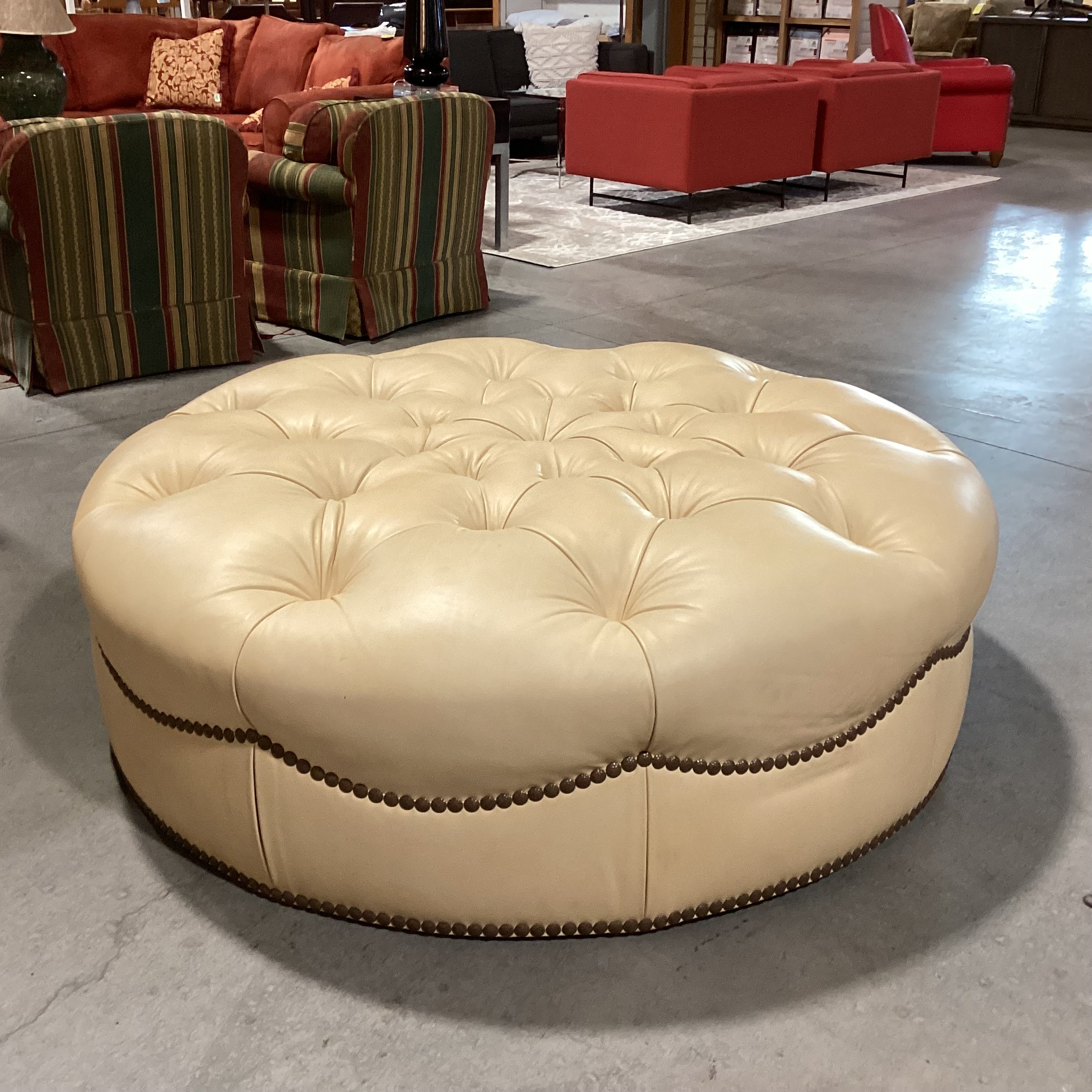 JJ Custom Butter Leather Tufted Nailhead Oversized Ottoman 60" Diameter x 19"