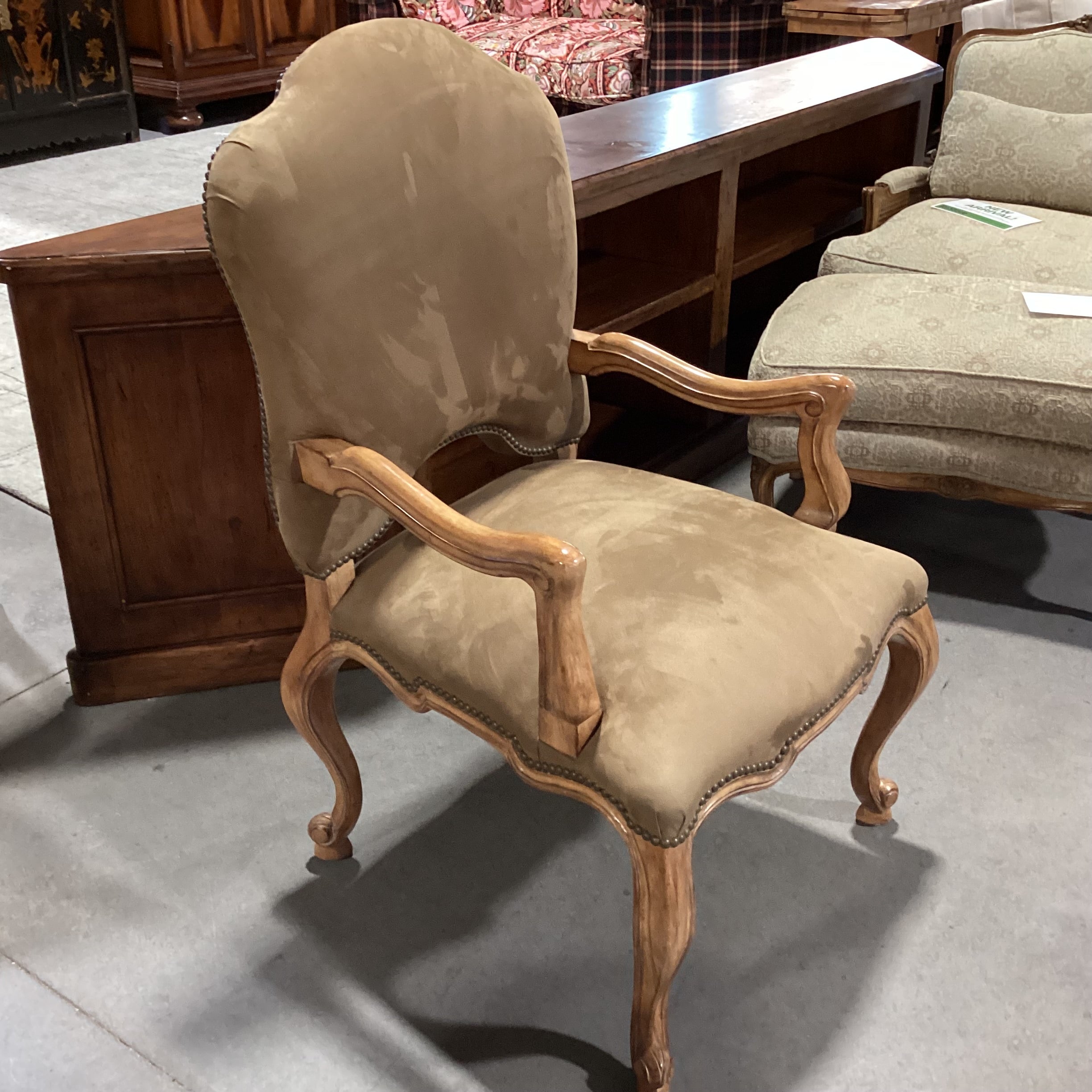 Kreiss Tan Ultra Suede Nailhead & Carved Wood Chair 27"x 27"x 44"