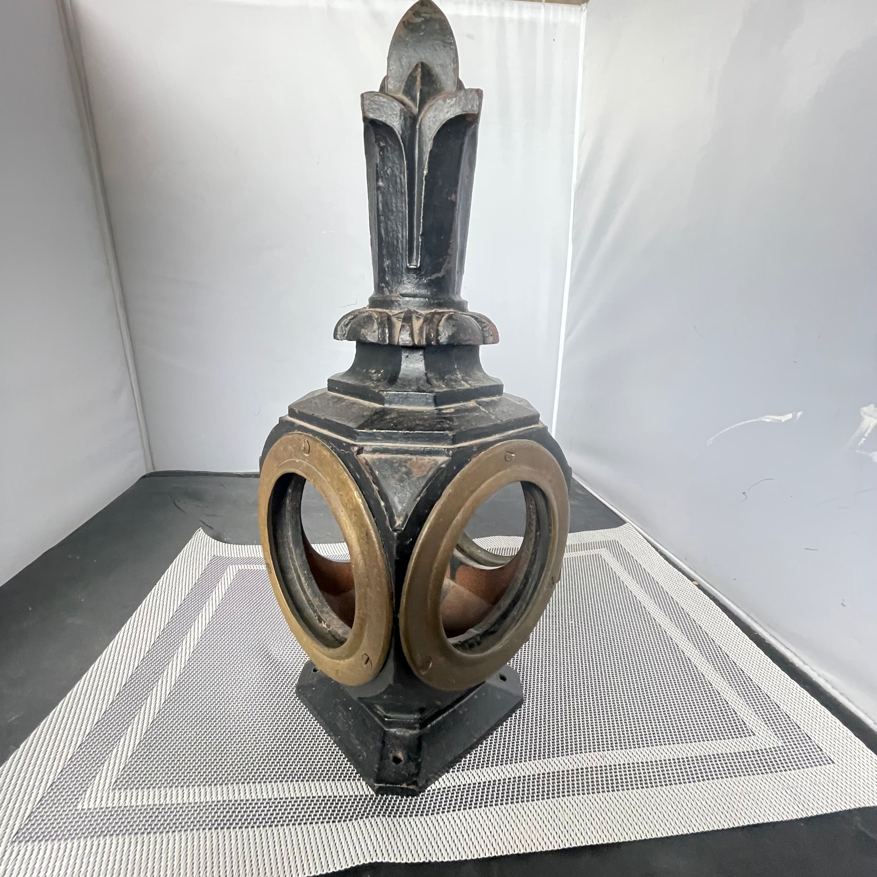 Antique Cast Iron Railroad Lamp with Ornate Finial, 5"x5"x 14.75"