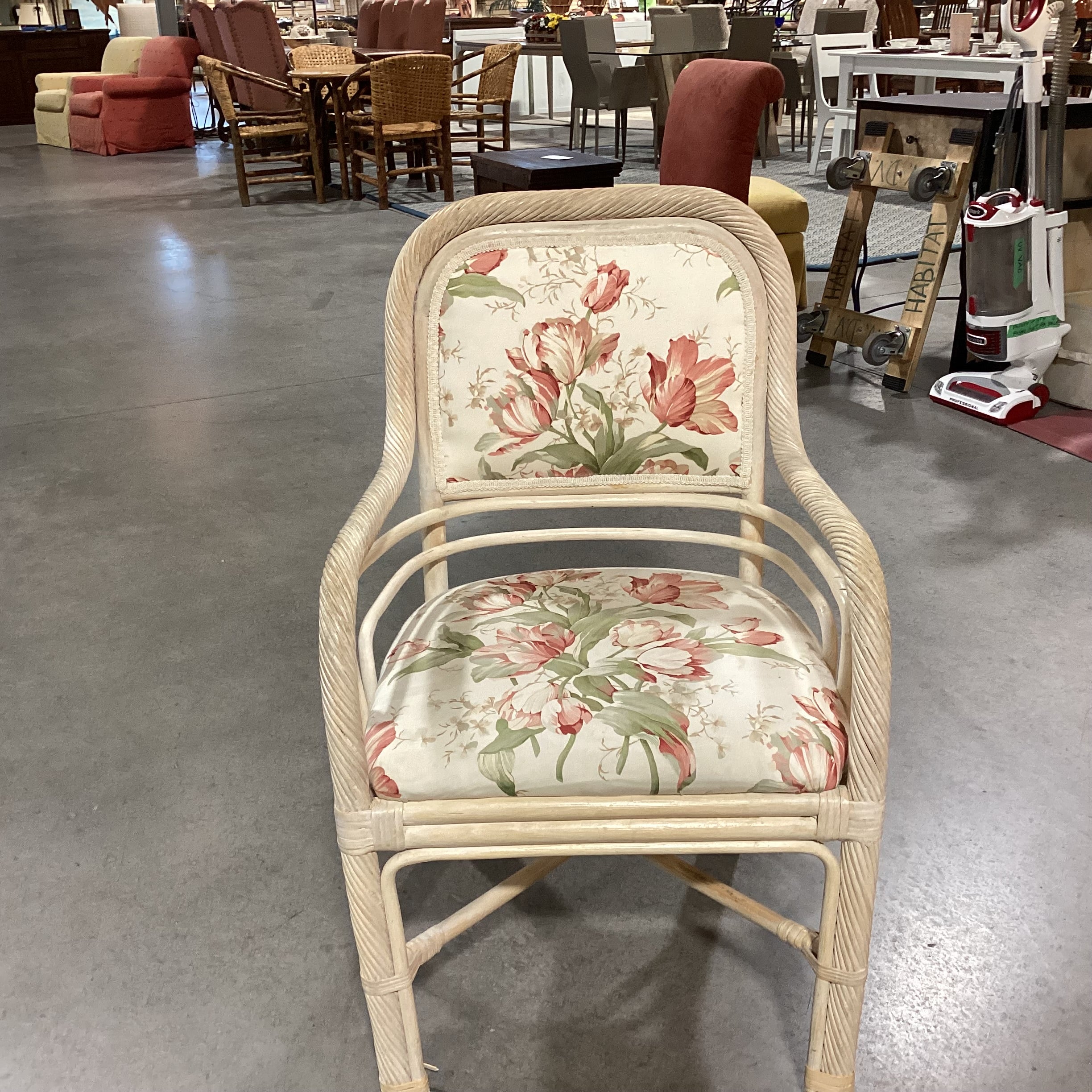 White Washed Rattan & Floral Linen Arm Chair 22"x 22"x 36.5"