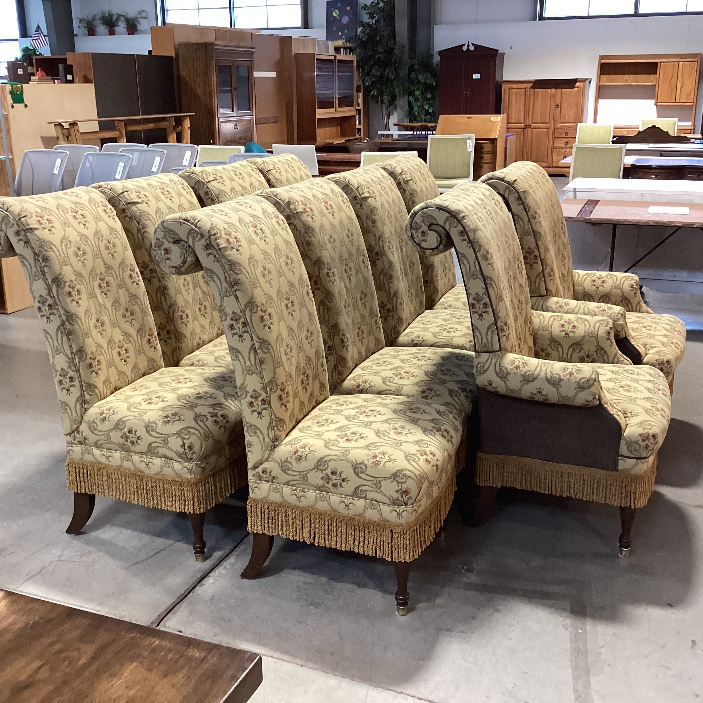 SET of 10 Custom Gold with Ornate Red Floral Leather & Fringe Roll Arm Back Dining Chairs 23"x 30"x 46"