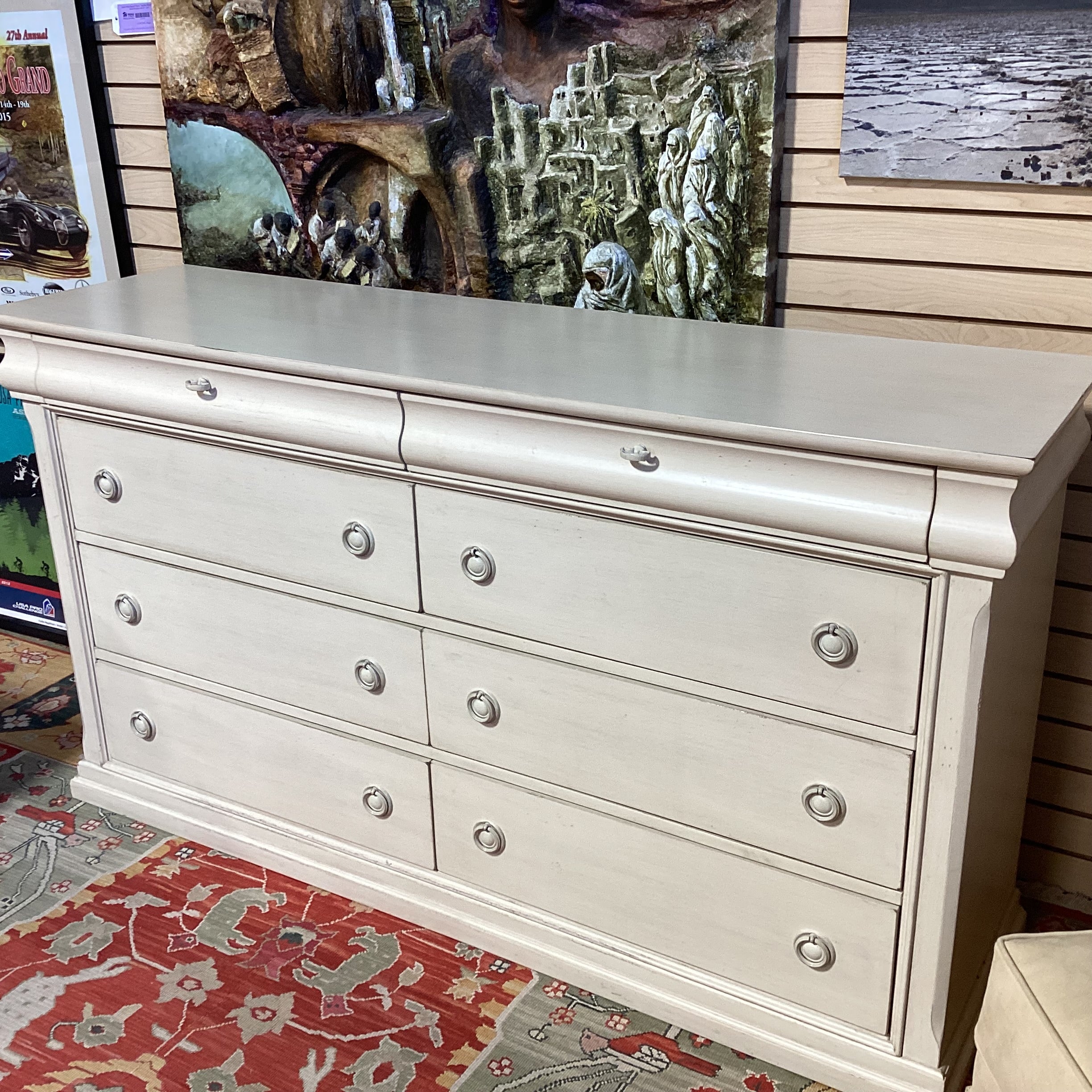 Liberty Furniture Antiqued Cream Wood 8 Drawer Dresser 64"x 18"x 36"