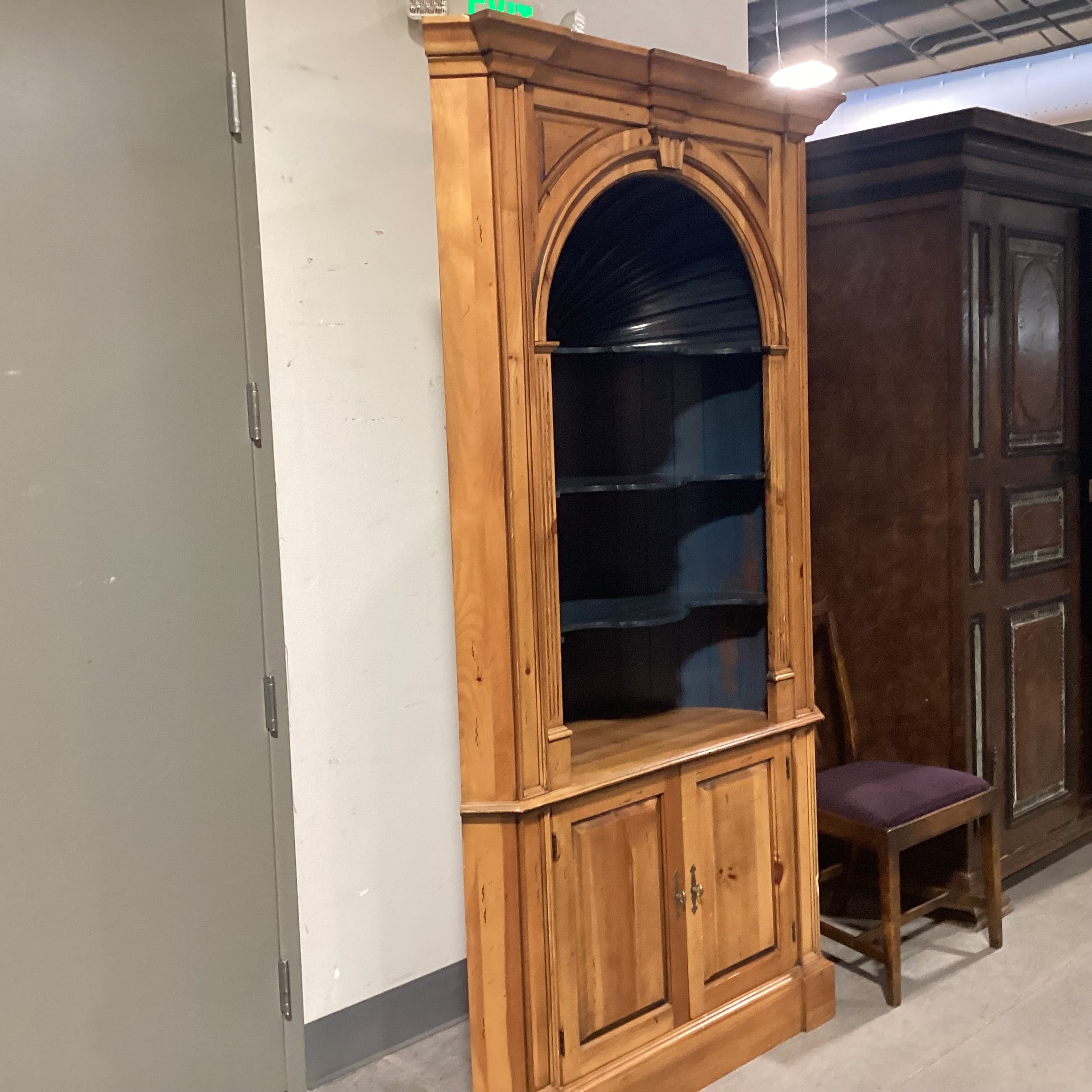 2 Tone Distressed Natural & Teal with Carved Arch Shelves 2 Door Corner Display Armoire 48"x 30"x 88"