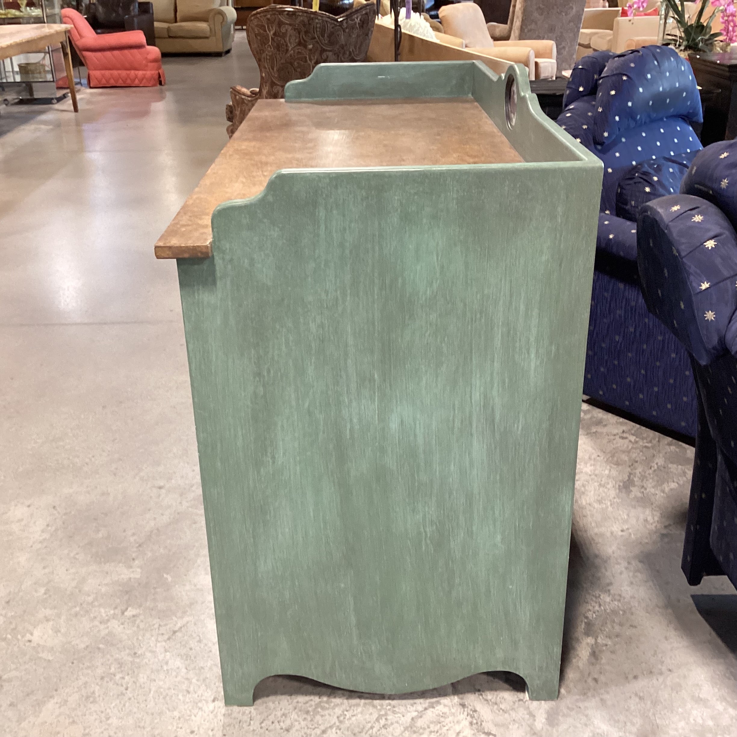 Hand Crafted Green Finished Wood with Ribbed Doors Backsplash Detail & Shelves Buffet Sideboard 59.9"x 26"x 43"
