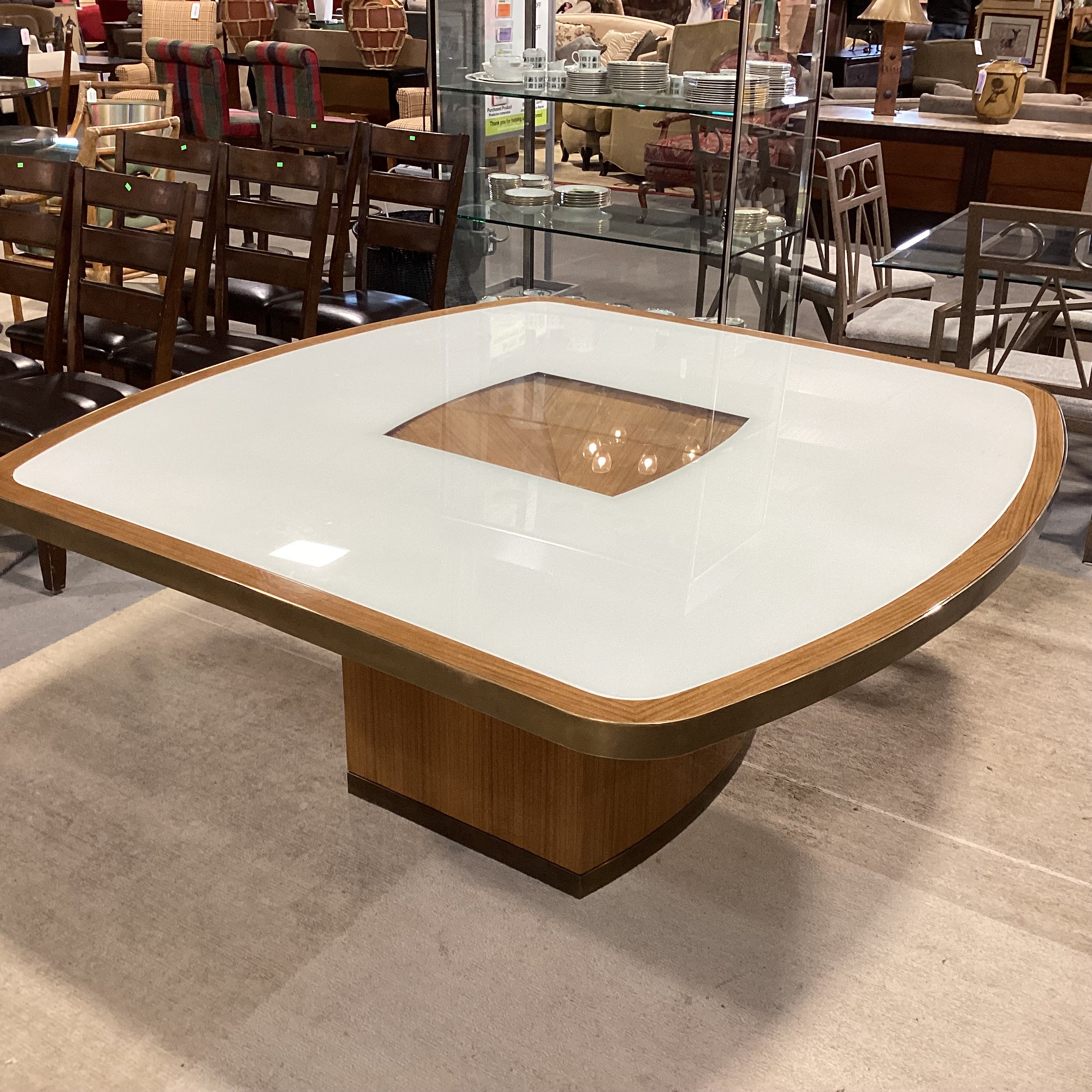 Custom Wood Veneer Brass White Lacquer & Glass Top Dining Table 66"x 66"x 29"