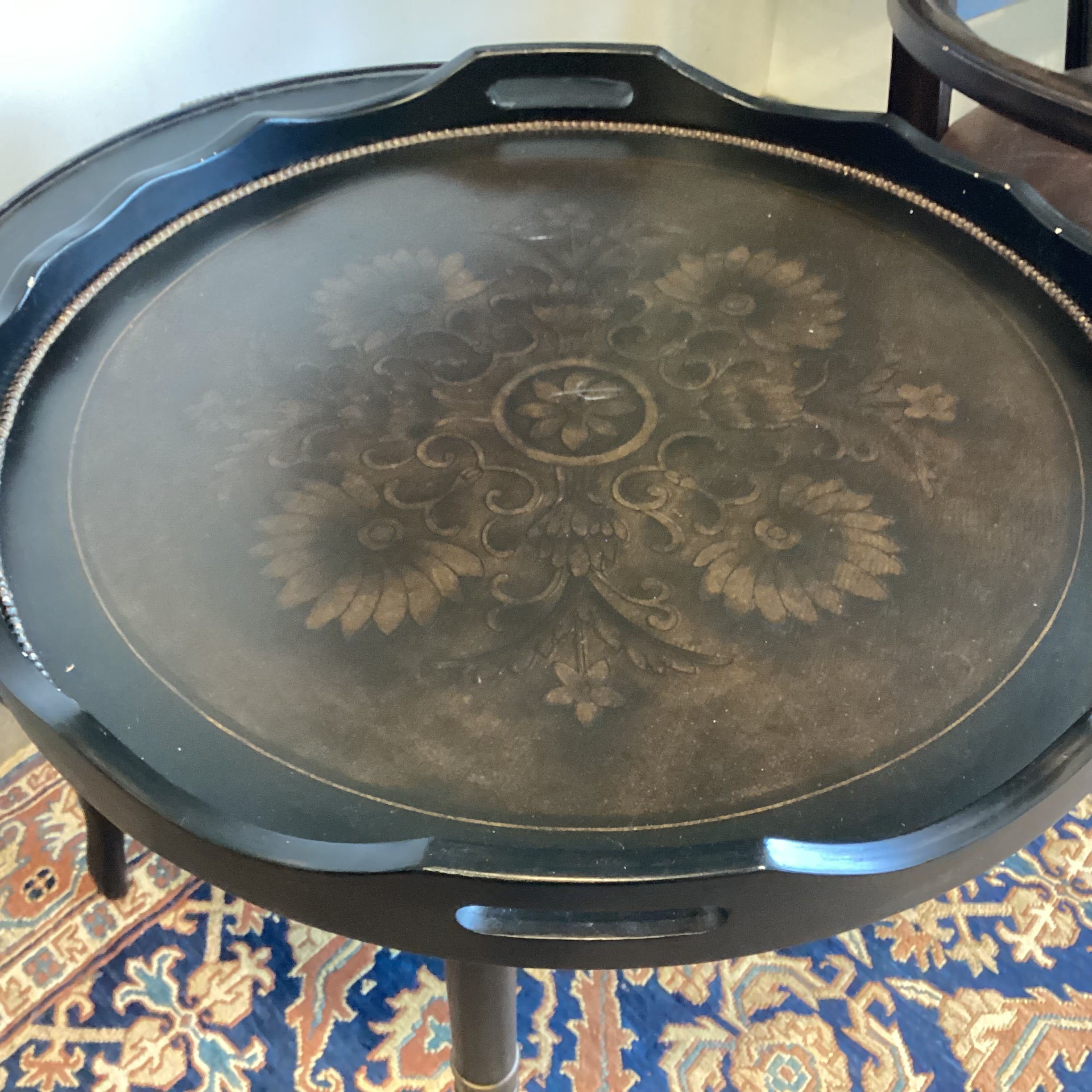 Black Distressed Wood with Ornate Trestle & Metal Beading Detail Round Tray Top Accent Table 26" Diameter x 26.5"
