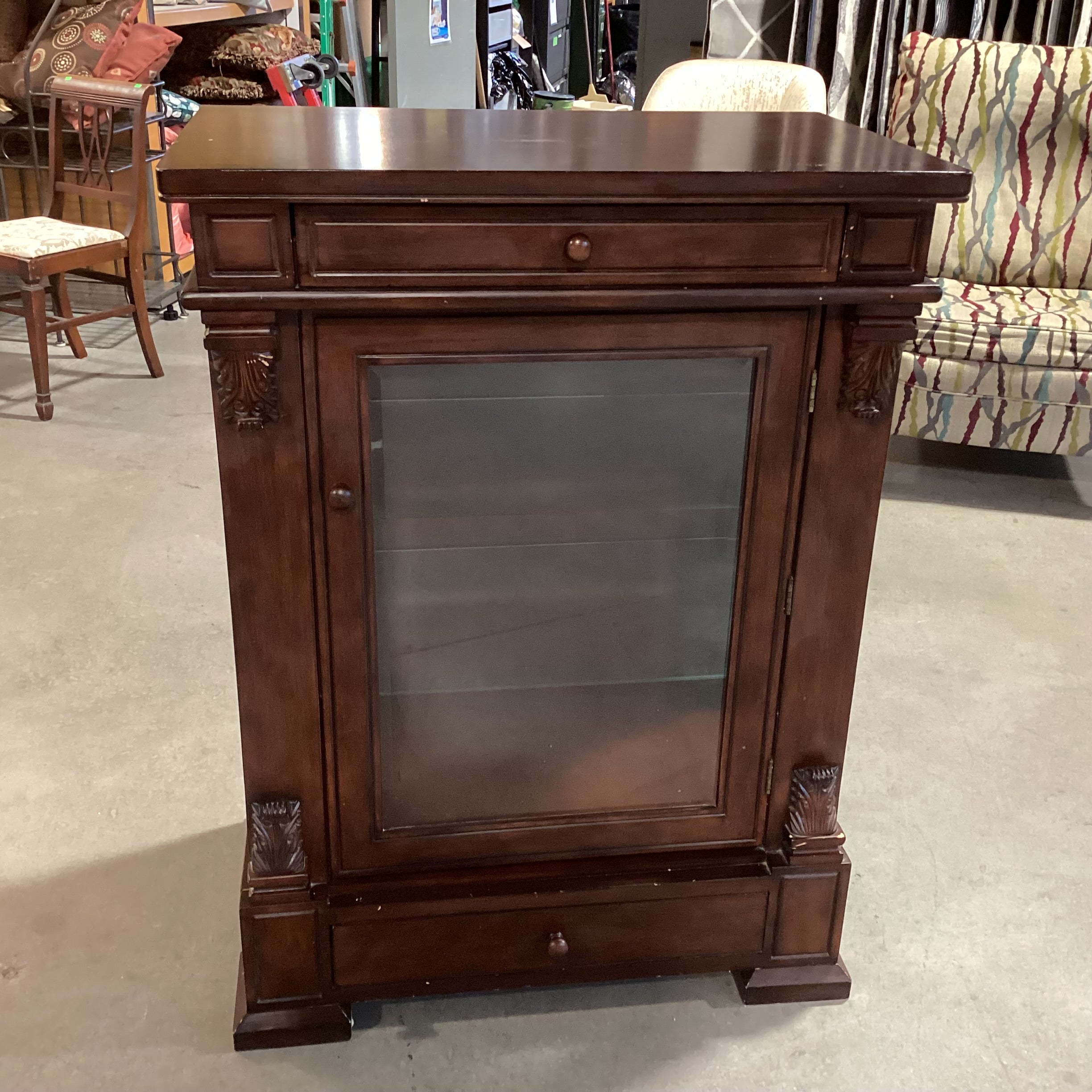 Dark Finish Carved & Glass 2 Drawer & Shelves Display Cabinet Bookcase