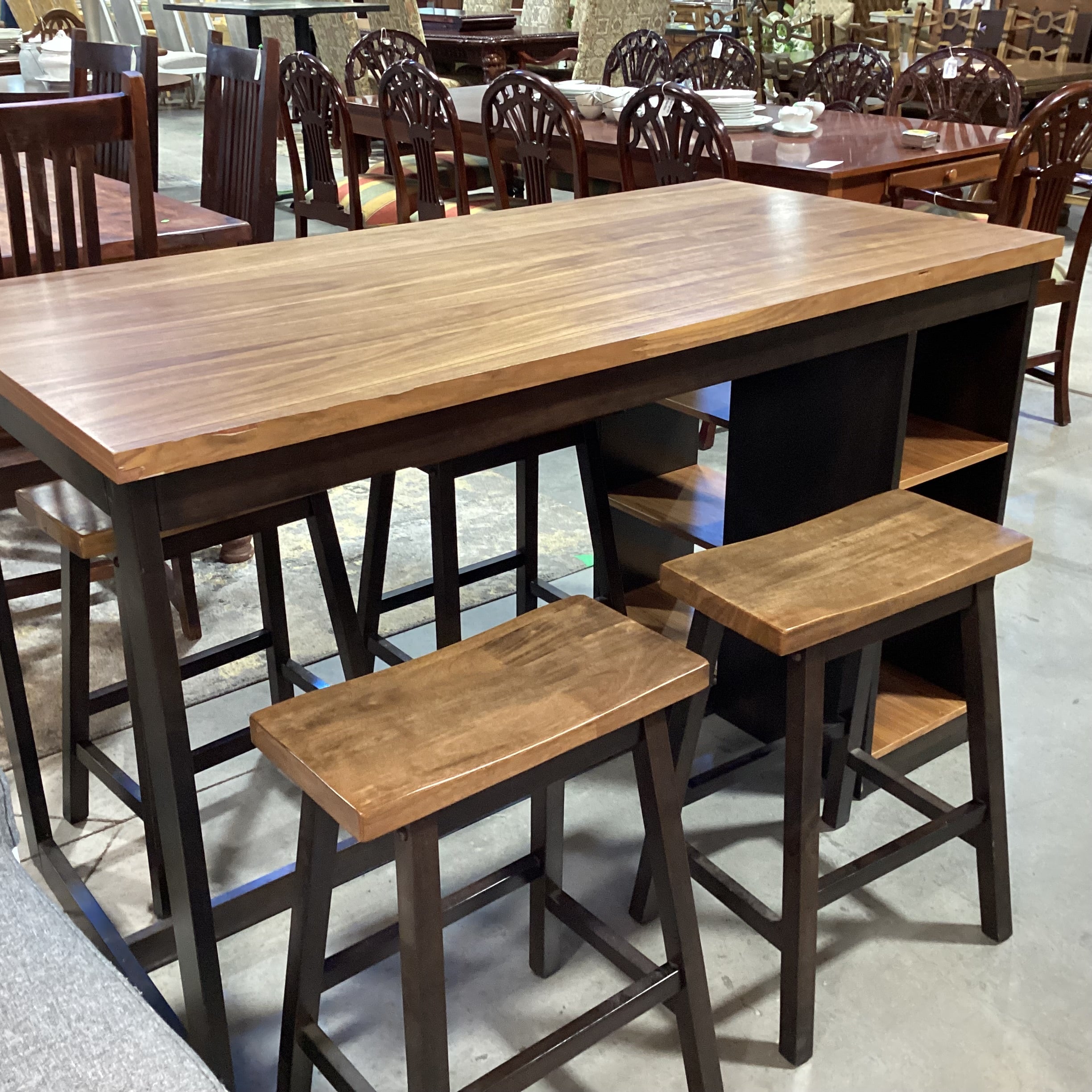 Veneer & Wood 2 Tone with Shelves IslandTable & 4 Stools Dining Set 59"x 29.5"x 36"