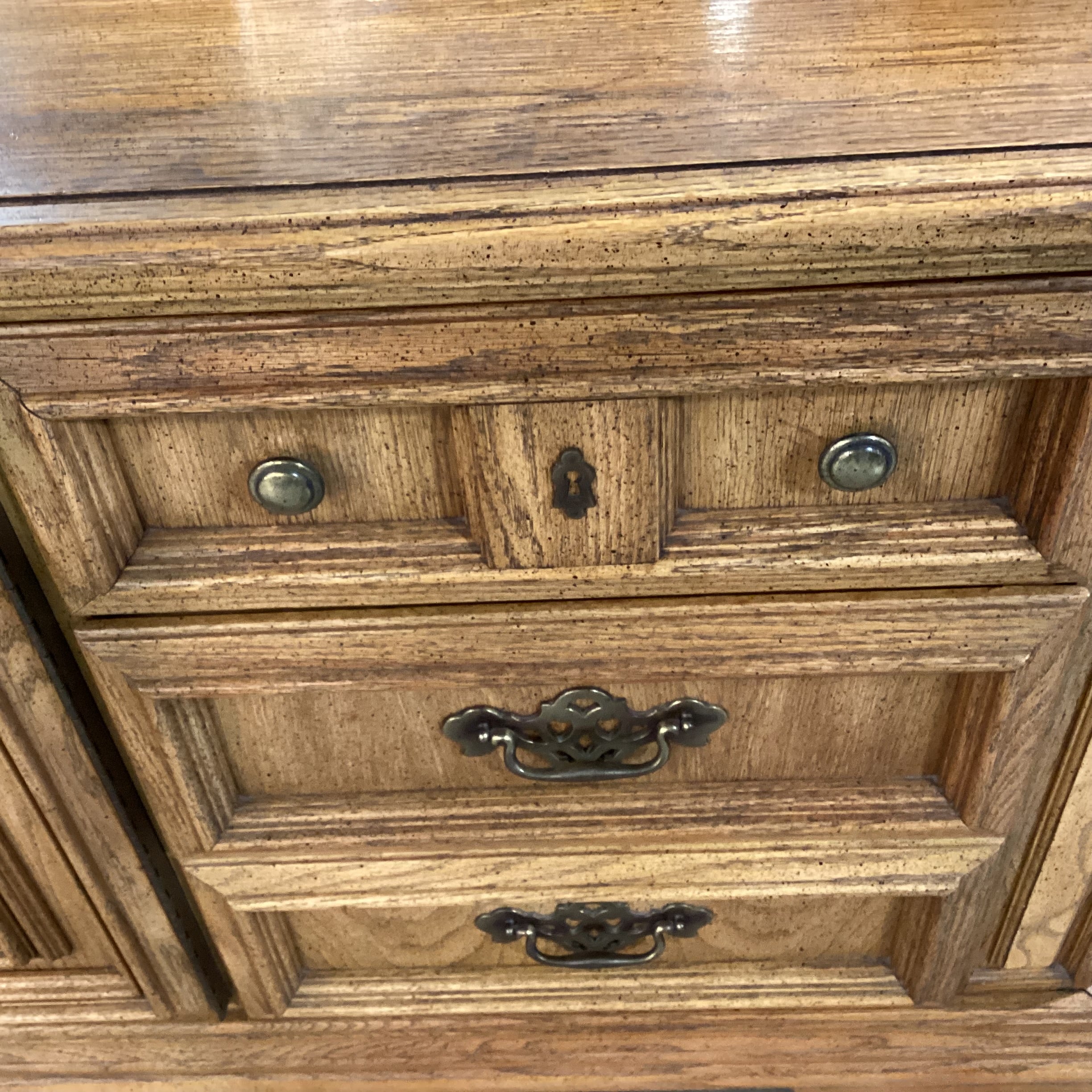 Vintage Speckled Finish Oak with Brass Accent & Double Mirrors 9 Drawer 2 Door Dresser 82.5"x 19.5"x 82.5"