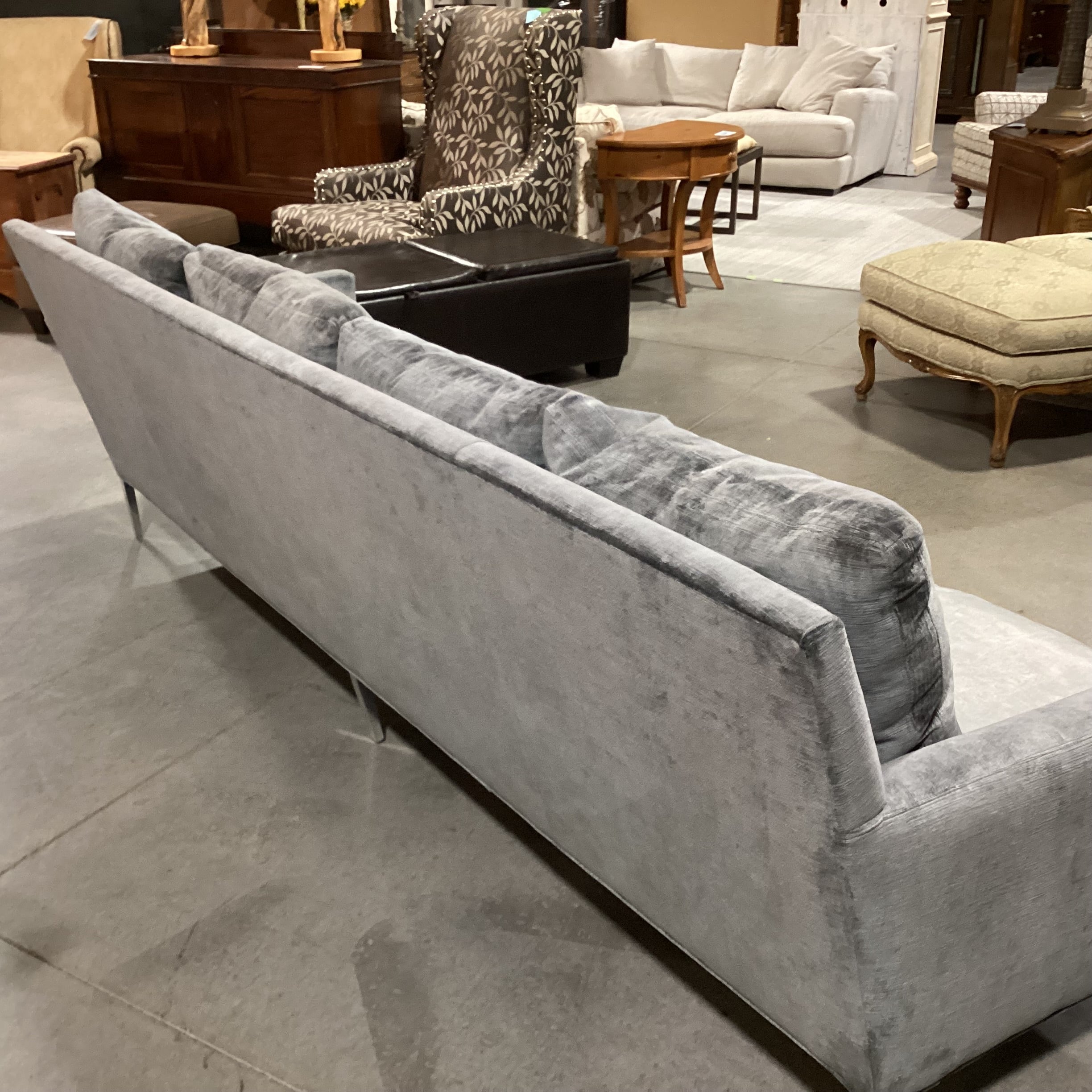 Lee Industries Custom Blue Grey Textured Velvet Down Mix & Chrome Modern Sofa 107"x 36"x 34"