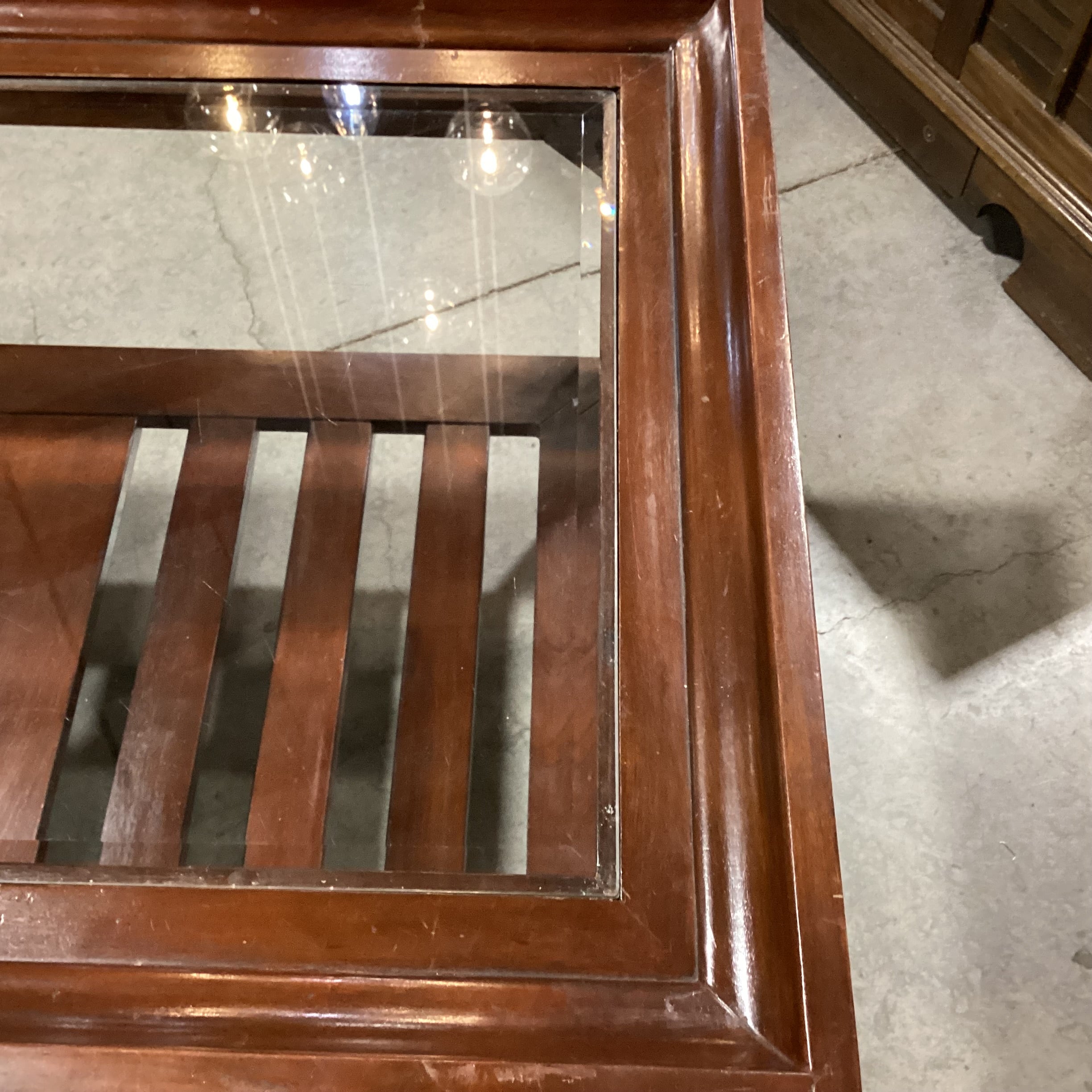 Dark Finished Wood with Slatted Bottom Shelf & Inset Glass Top Coffee Table 50"x 26"x 20"