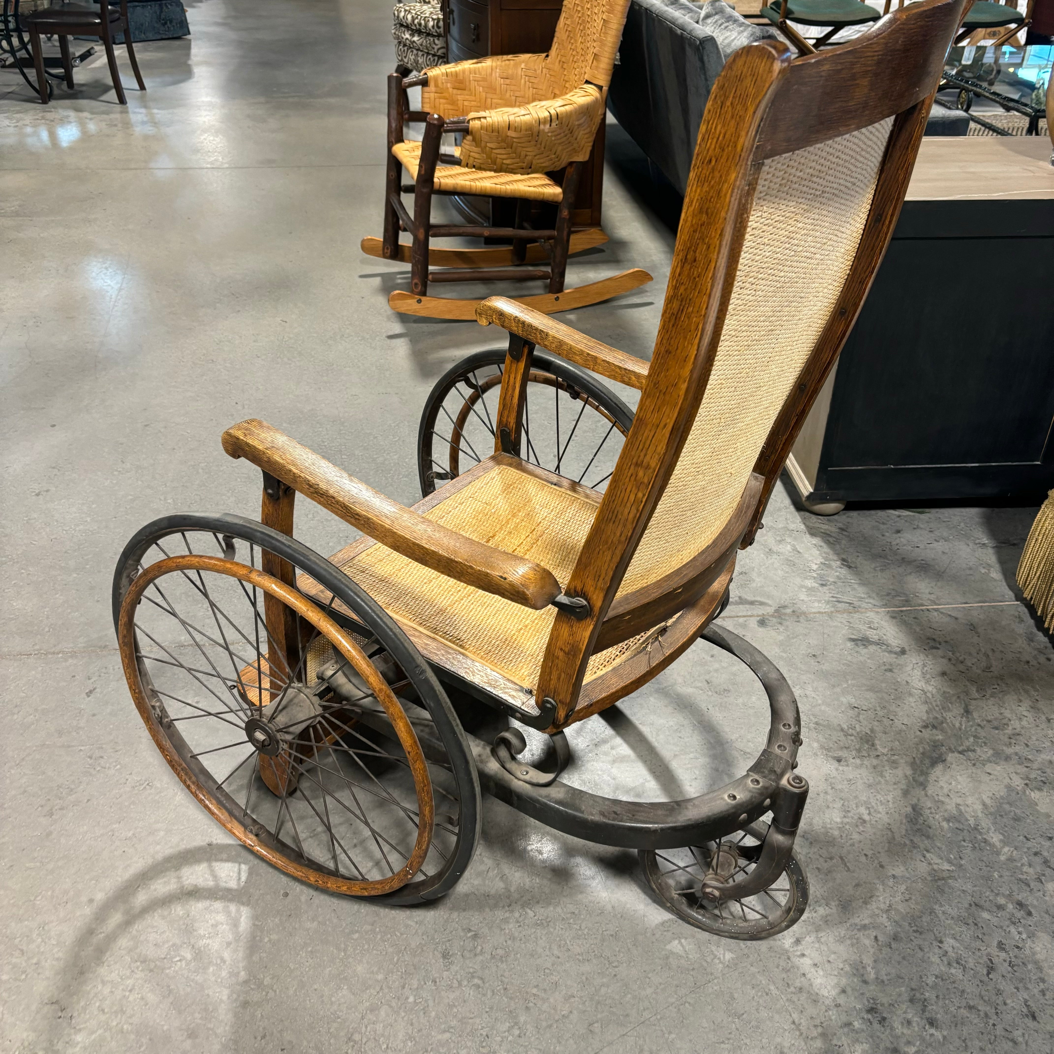 Antique Late 19th Century Oak & Wicker Genredon Wheelchair 30"x 36"x 39.5"