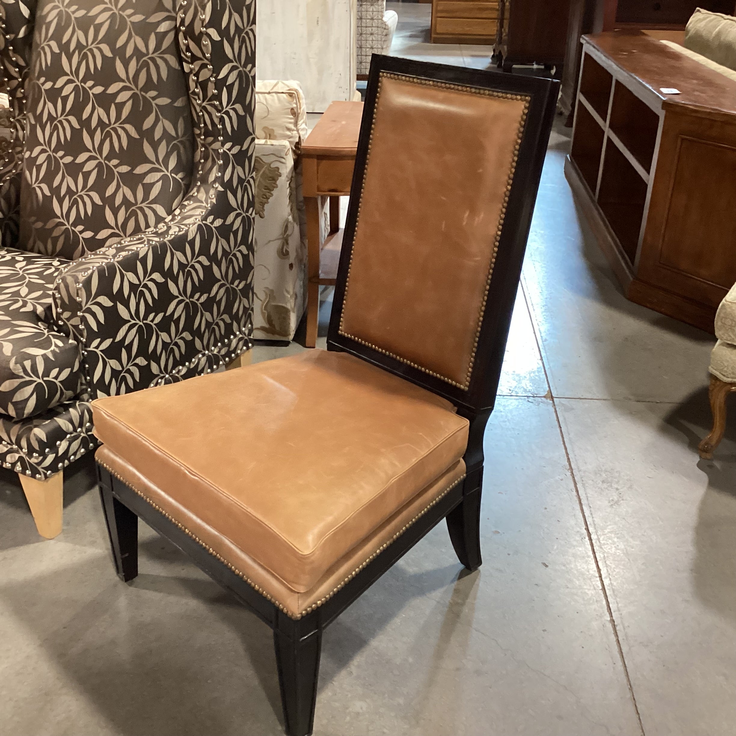 Tan Leather Nailhead & Black Wood Slipper Chair 27"x 27"x 42"