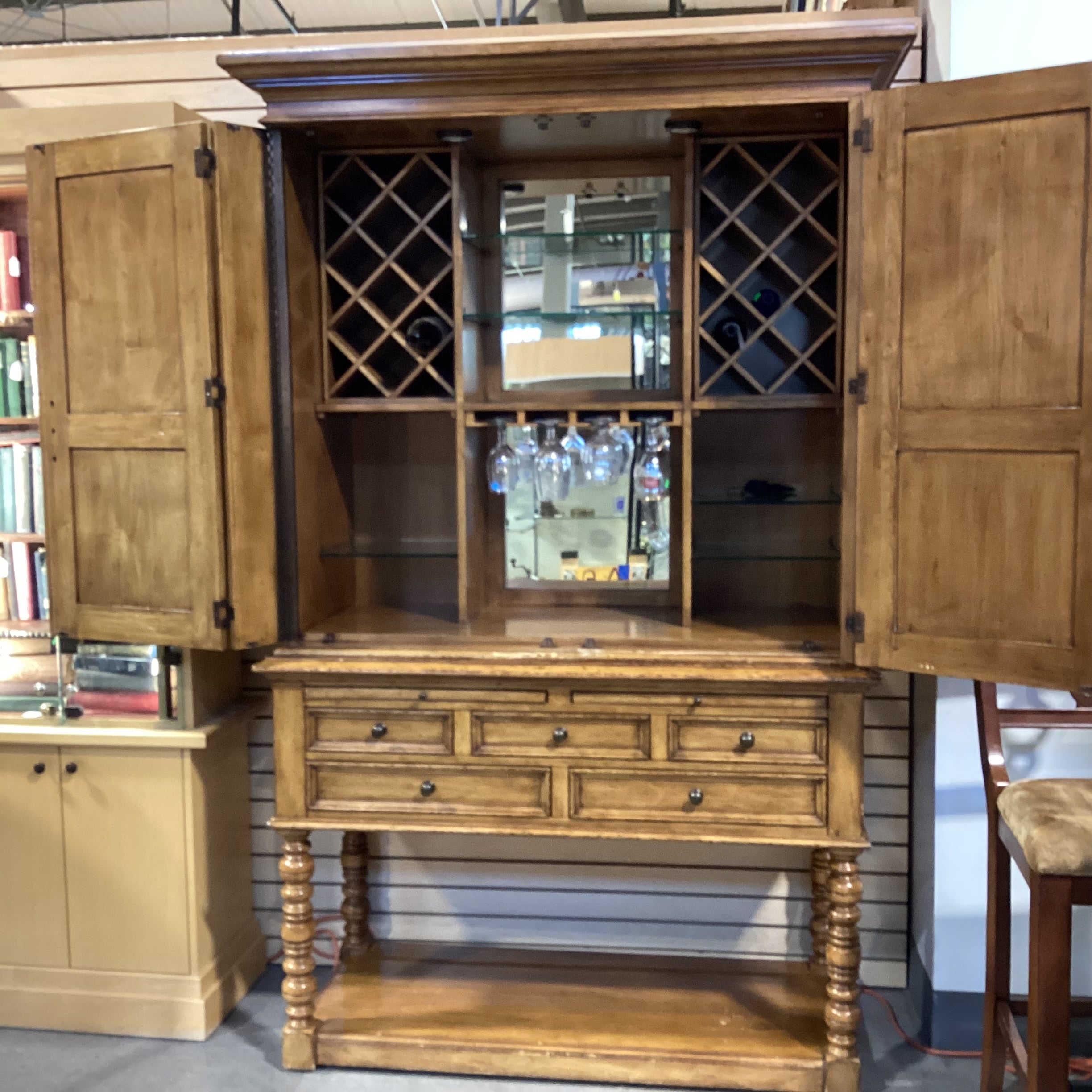 Lexington Distressed Finish Wood 5 Drawer 2 Pullouts with Bar Cabinet 2 Piece Hutch 56"x 25"x 89"