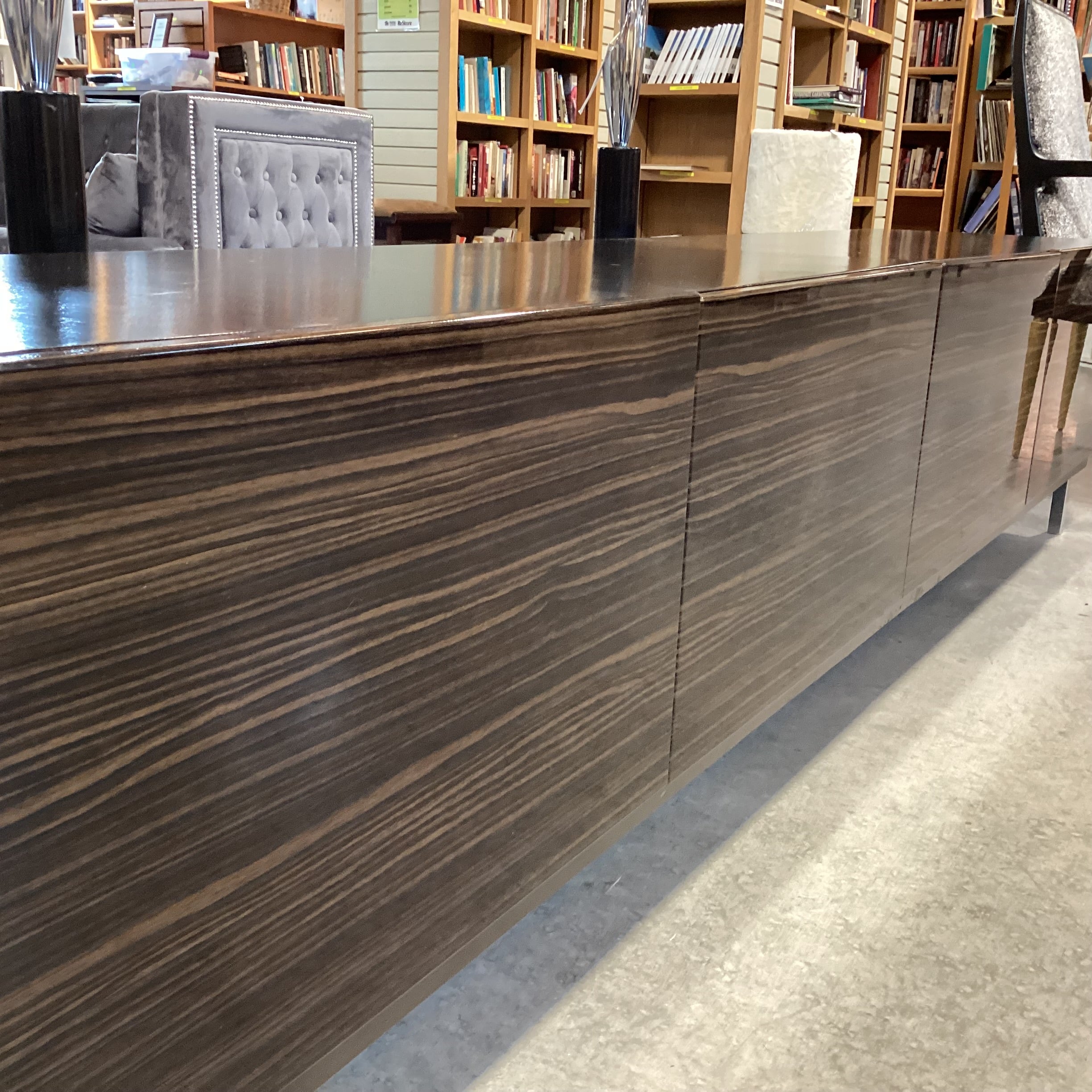 Modern Lacquered Macassar Ebony Veneer 4 Door Console Credenza 94"x 18.5"x 21.5"