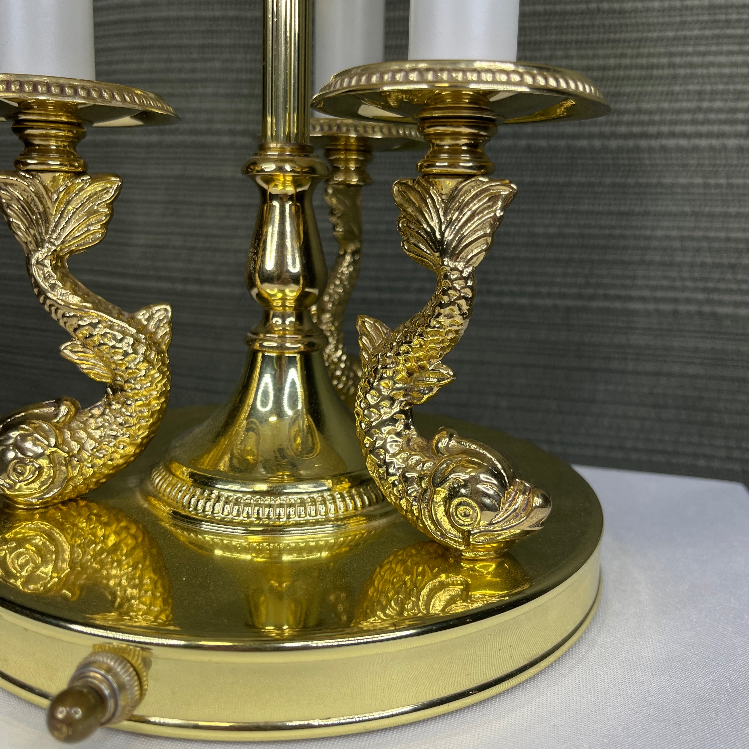 Vintage 2-Light Solid Brass Koi Fish Candlestick with Shade Table Lamp 12" Diameter @ Shade x 22"