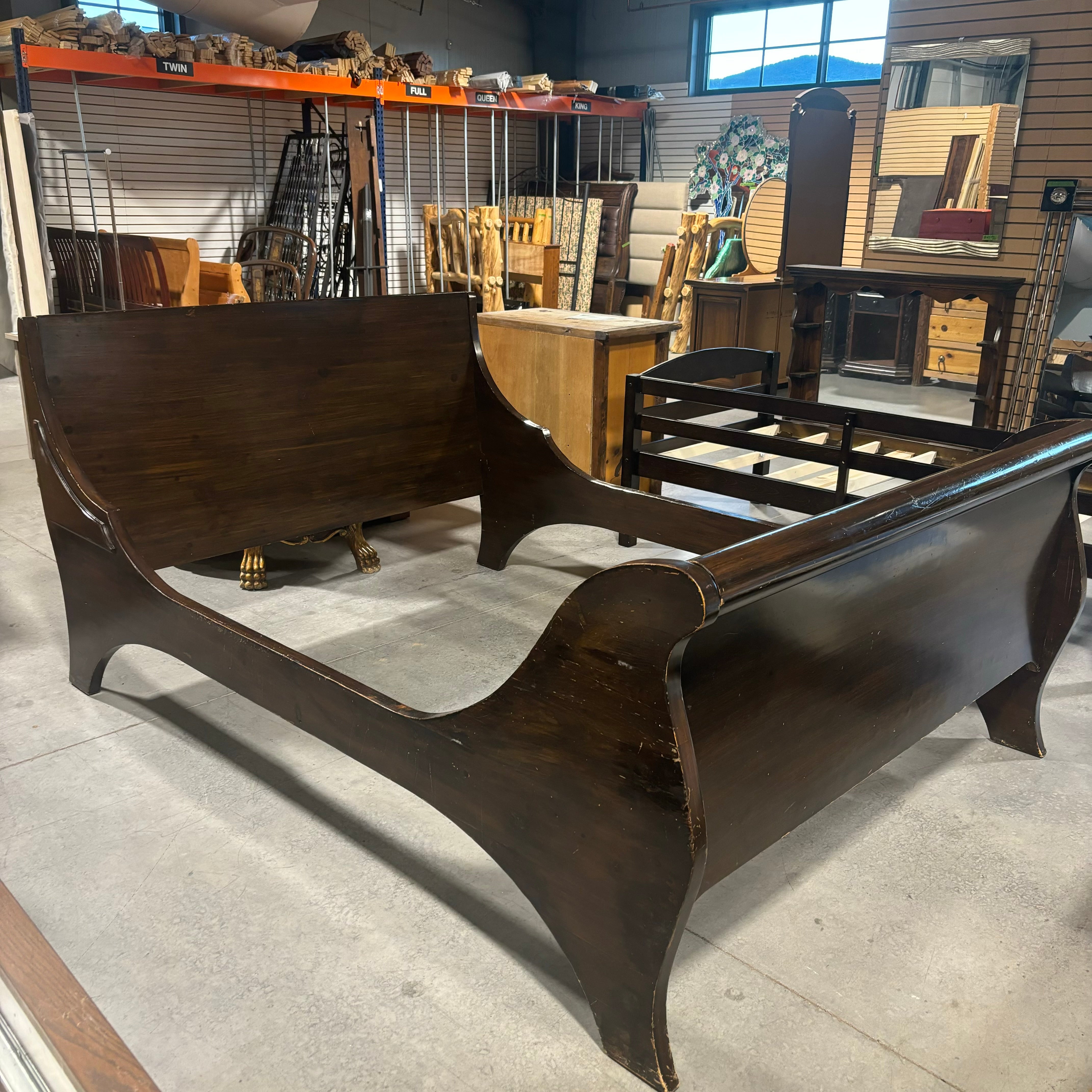 QUEEN Dark Finish Solid Wood Sleigh Bed 92"x 66"x 42.5"