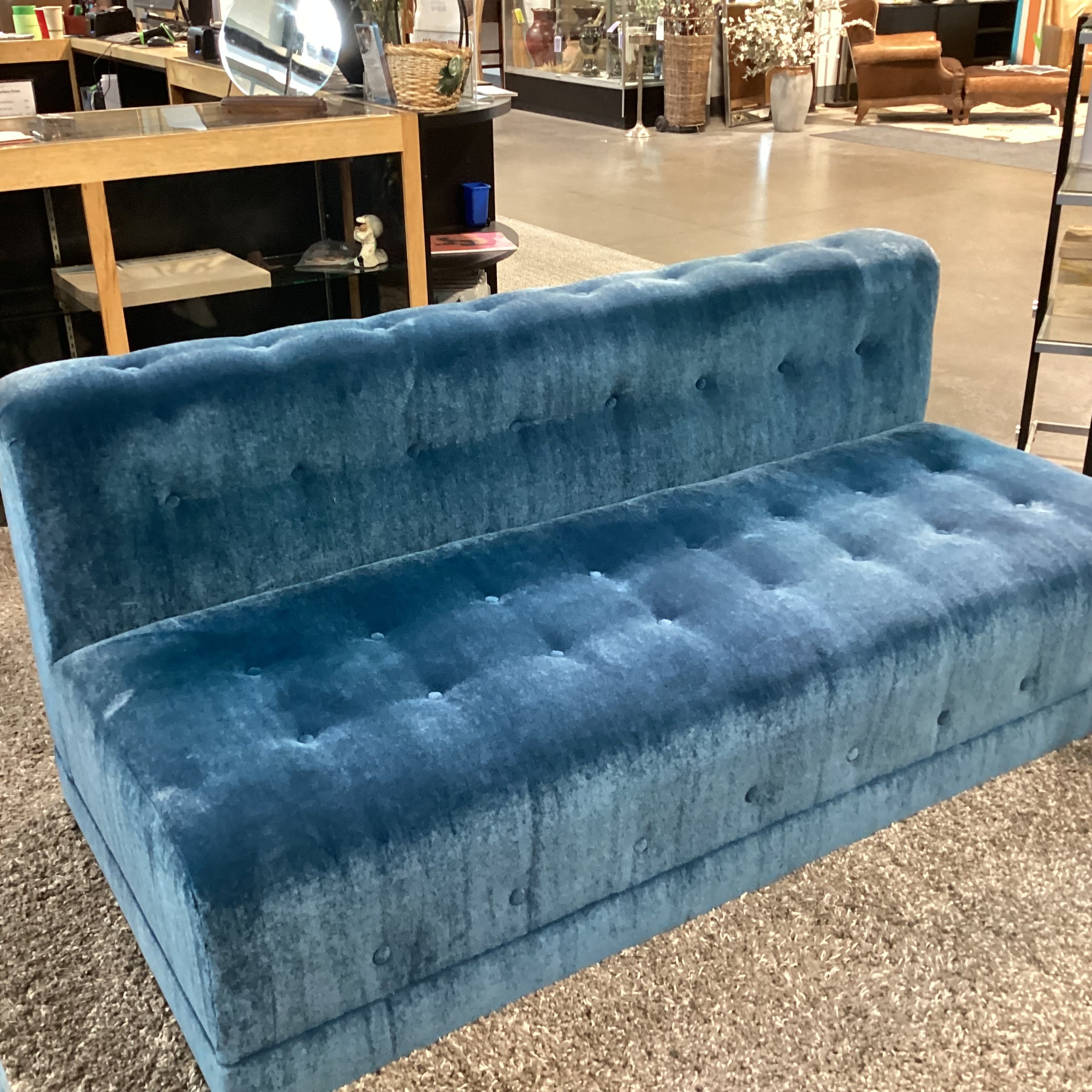 Custom Blue Teal Mohair with Button Tufting Armless Sofa 75"x 35"x 32"