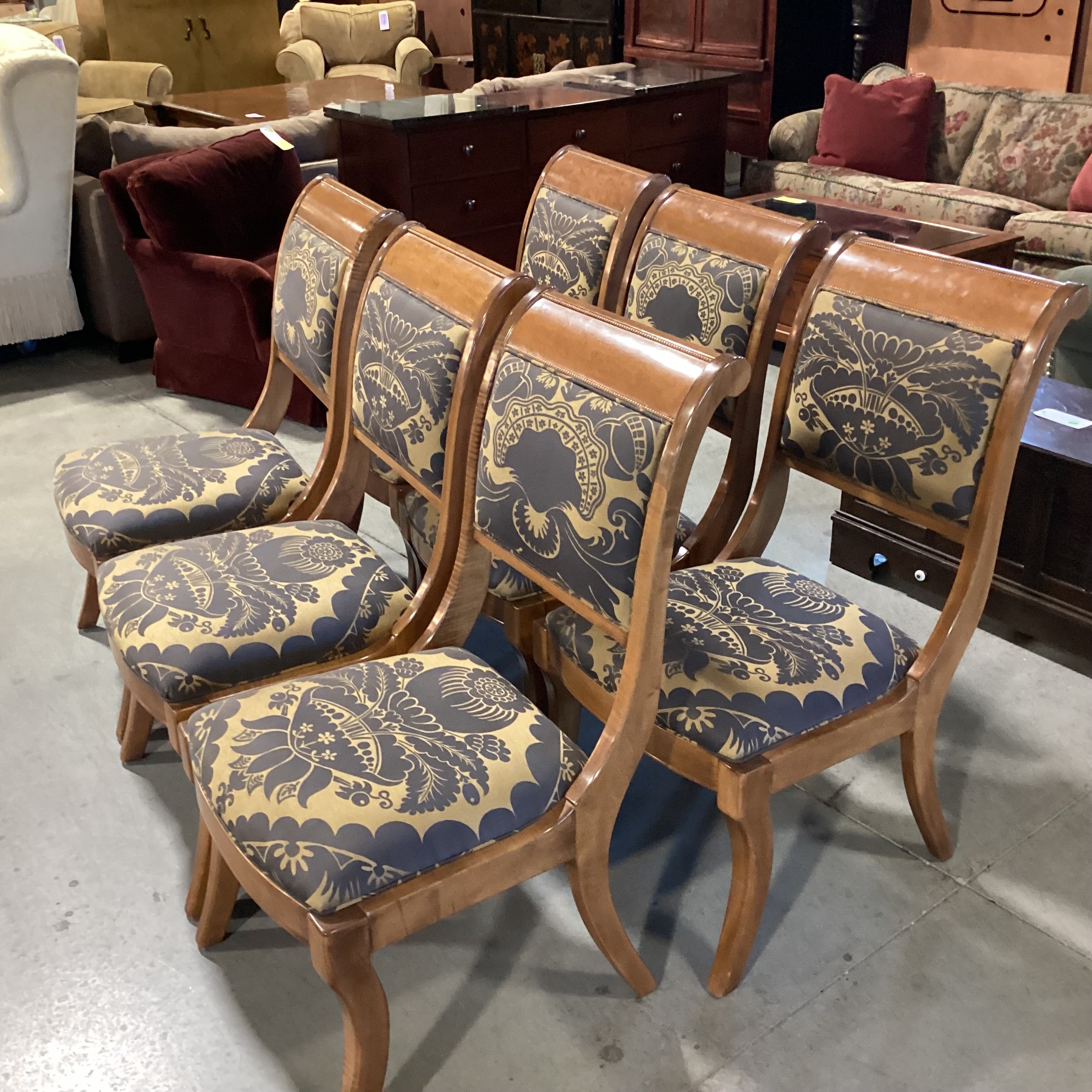 SET of 6 Carved Finished Wood Taupe Brown & Gold Art Deco Floral Dining Chairs 22"x 27"x 39"