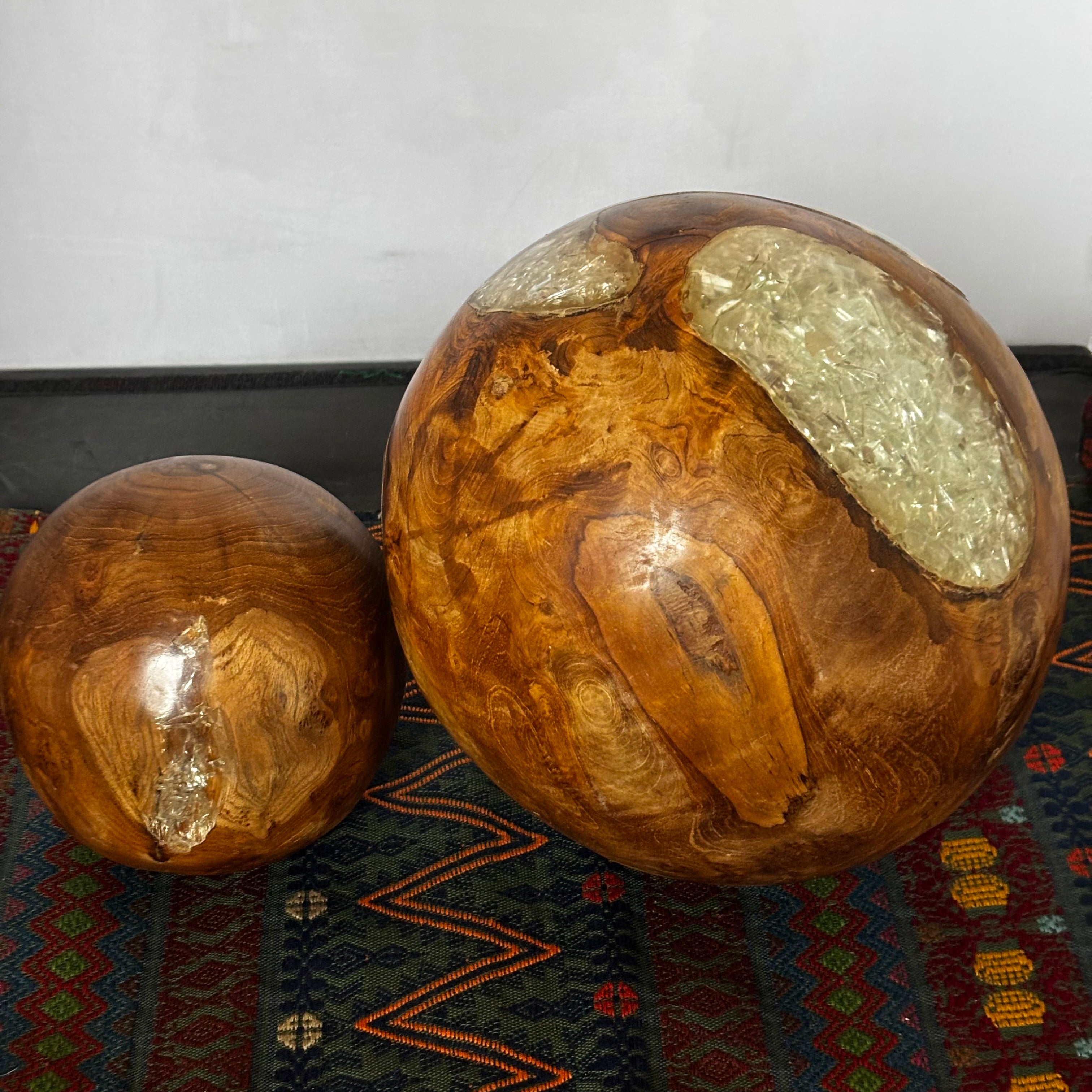 Set of 2 Decorative Teak Root Ball  with  Pearlescent Resin Sculptures, 6" and 9"