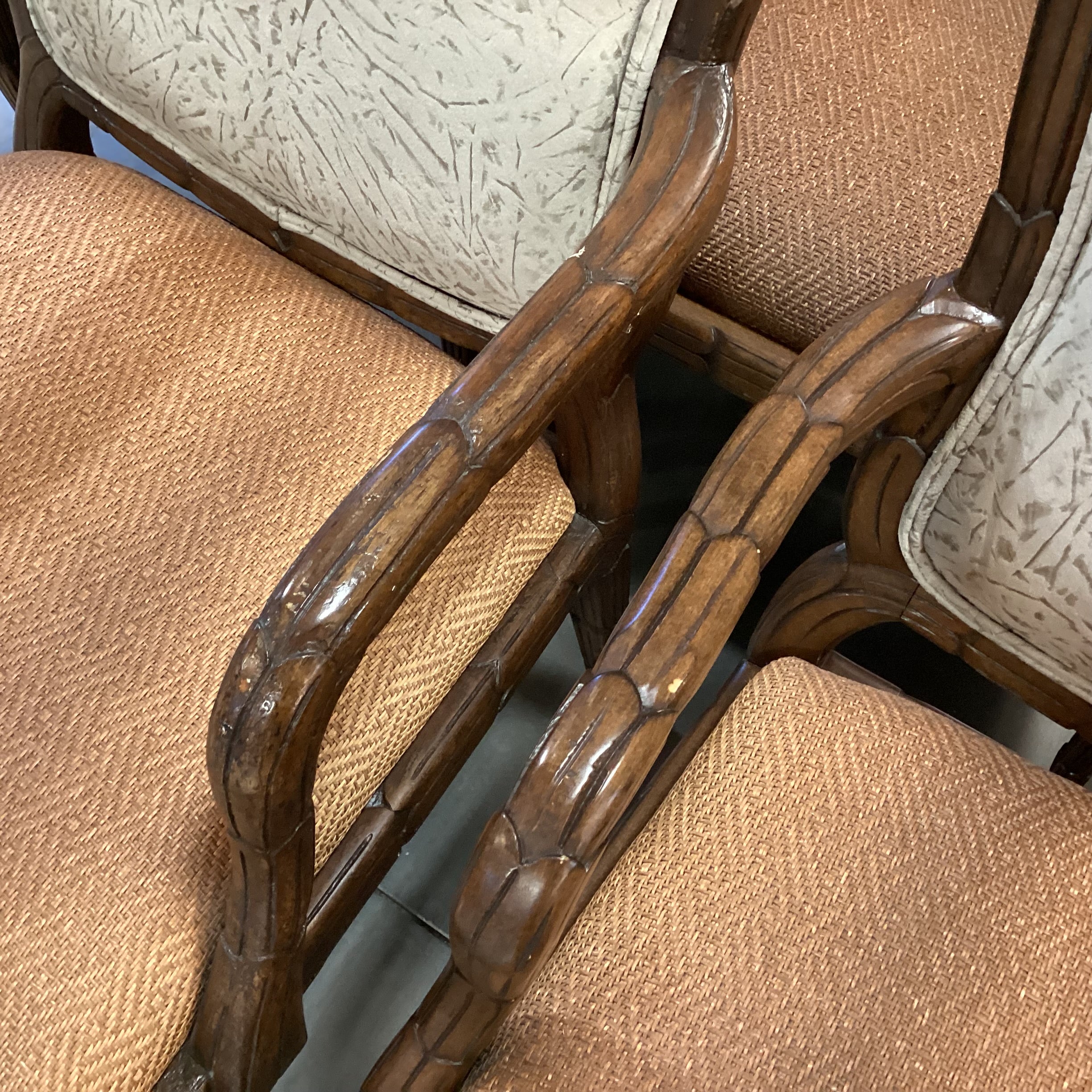 SET of 8 Ornate Carved Wood with Leather  Woven Seat & Suede Back Dining Chairs 24"x 22"x 40"