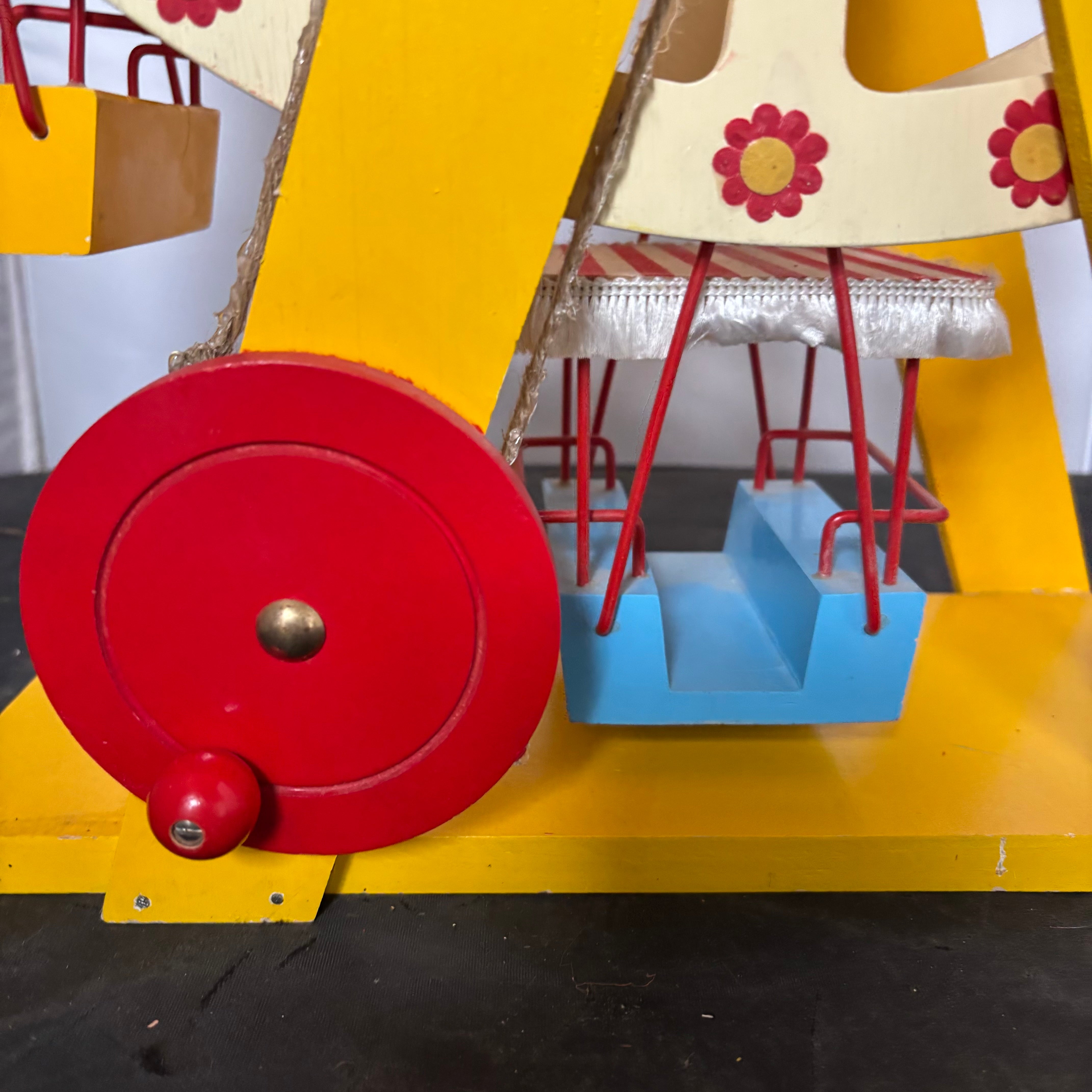 Vintage Handmade Painted Wooden 6 Car Cupcake Ferris Wheel, 17.5" x 8" x 23"
