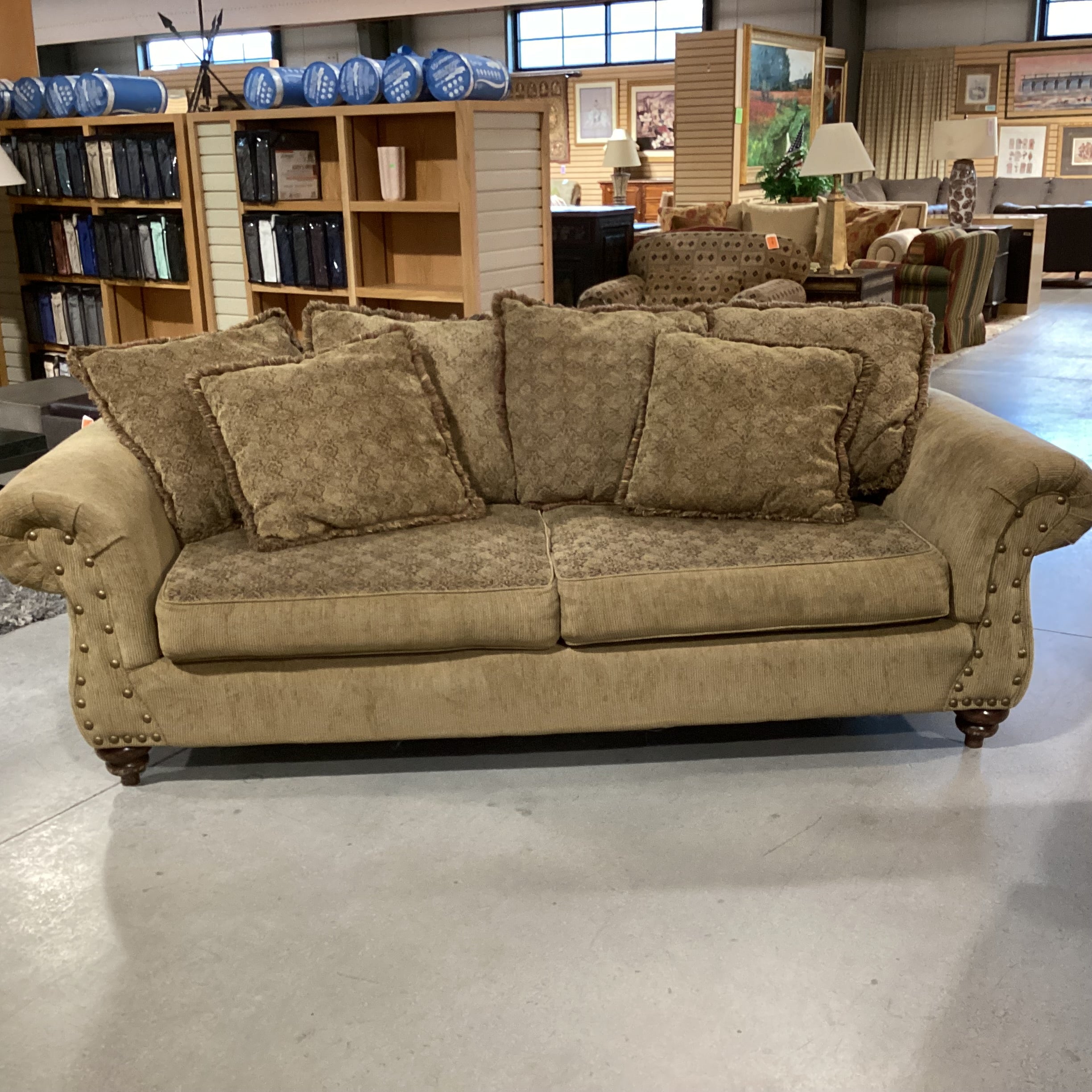 Golden Olive with Reversible Patterned Cushions & Back Pillows Roll Arm Nailhead Sofa 97"x 40"x 30"