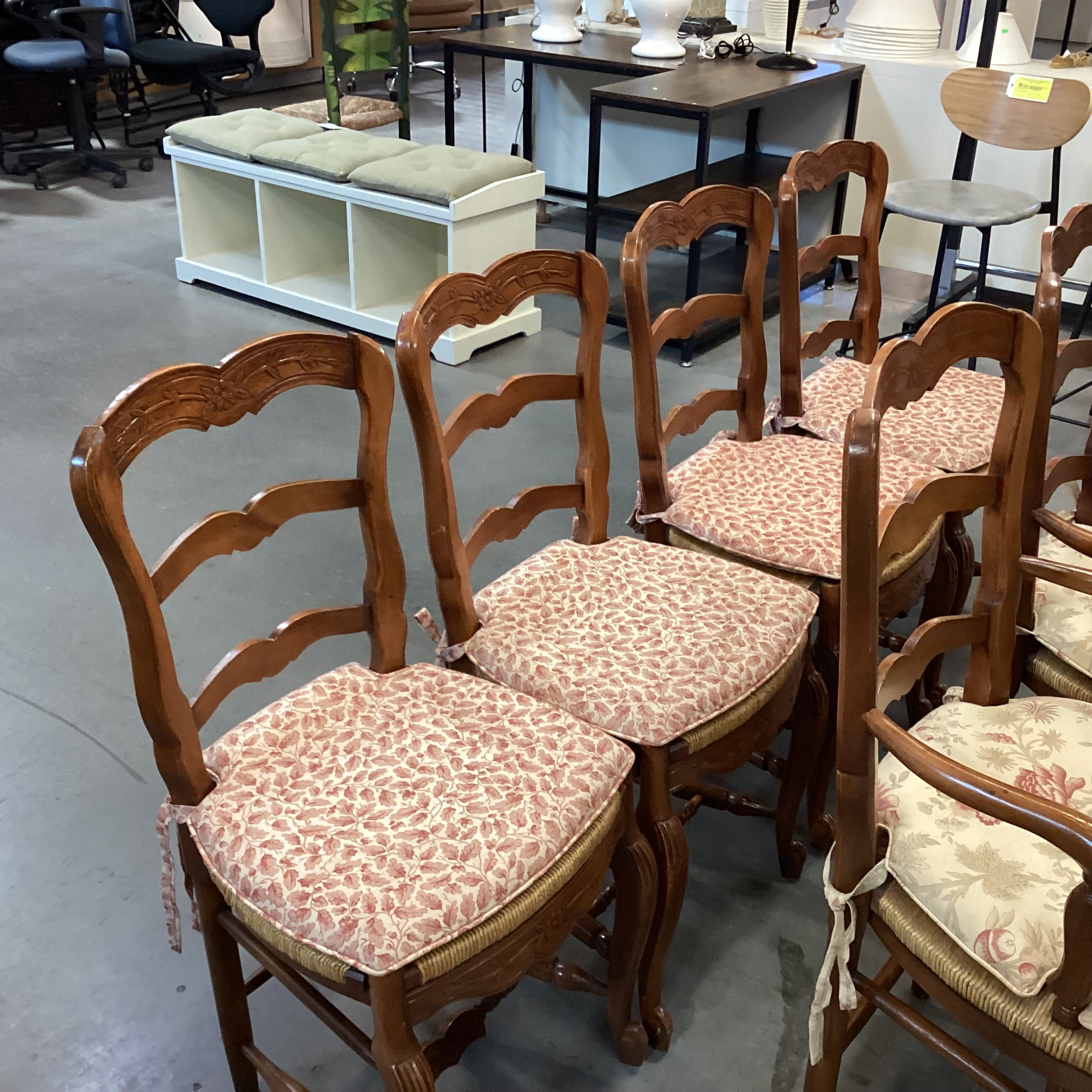 Set of 6 Carved Wood with Rush Seat & Floral Seat Cushion Dining Chairs 21"x 21"x 38"