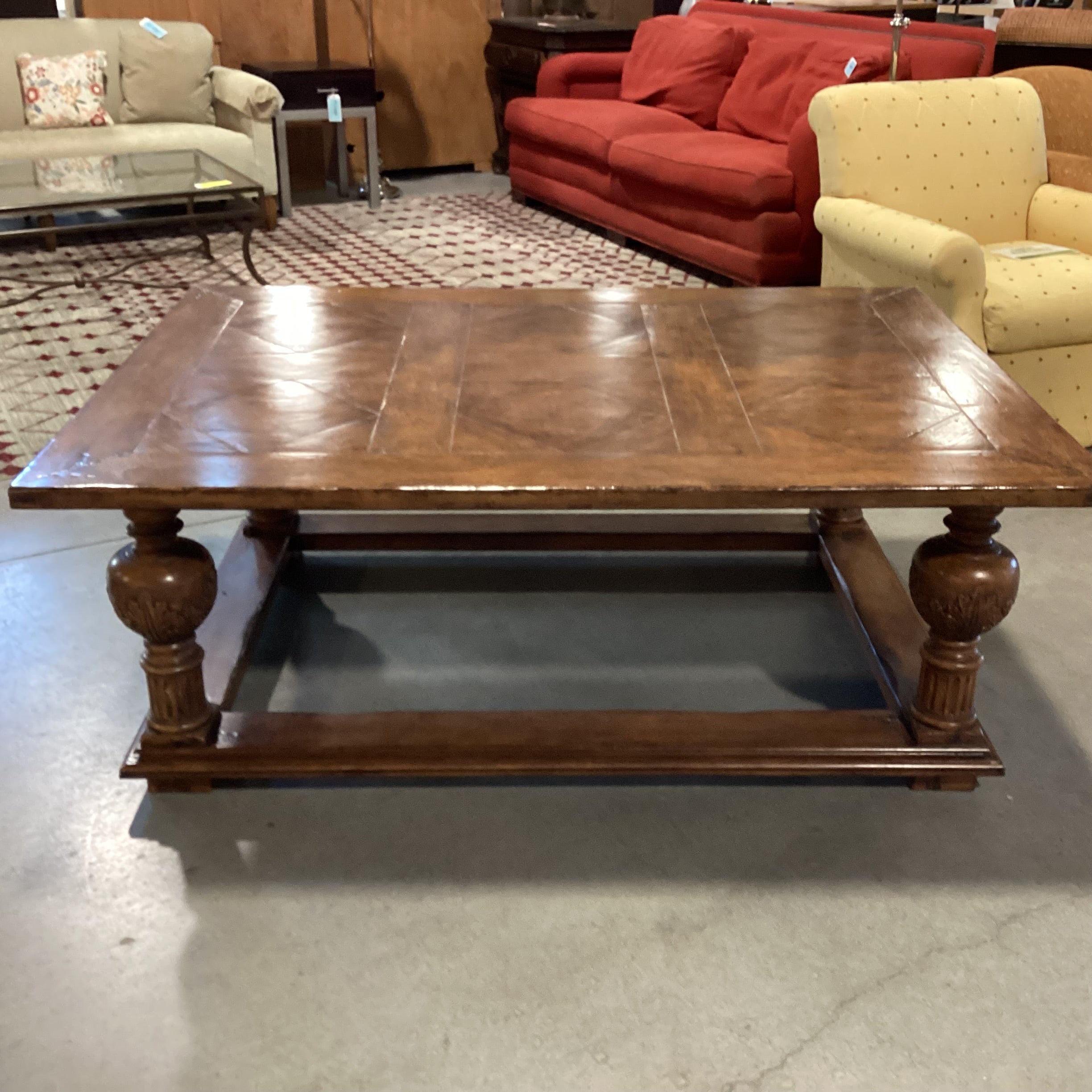 Solid Distressed Finish Wood with Ornate Carved Legs & Top Diamond Detail Coffee Table 63"x 45"x 24"