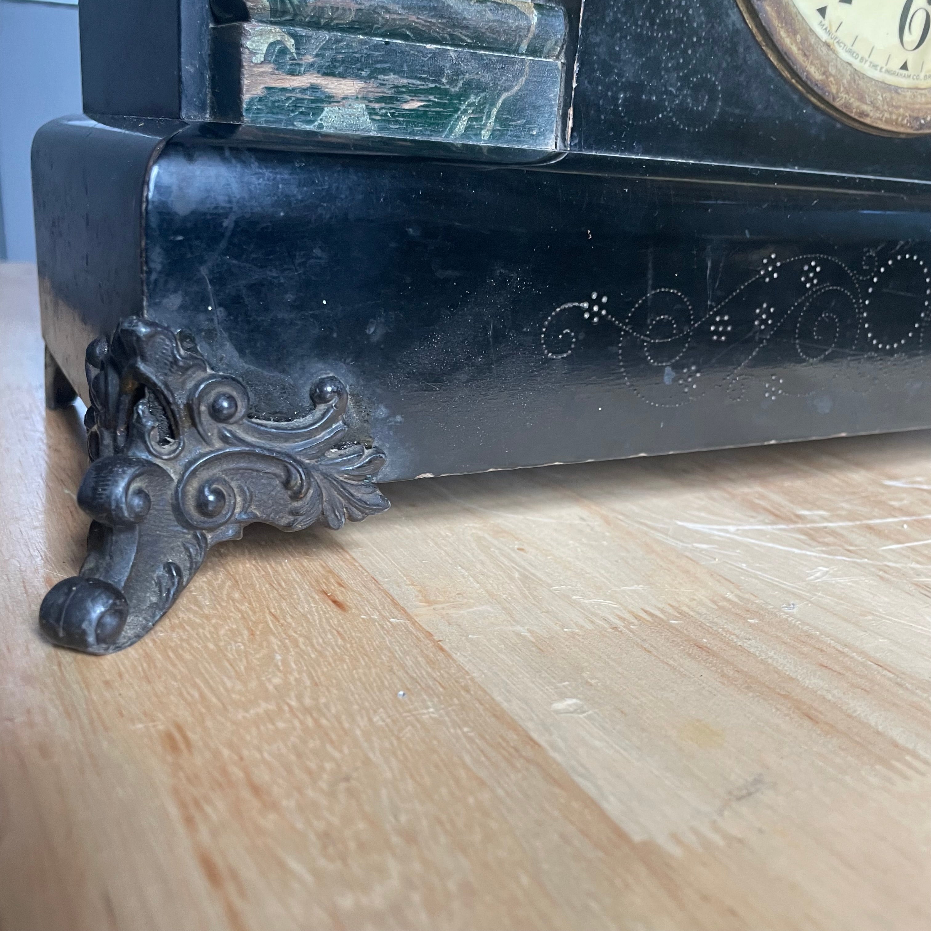 Antique Late 1800's Ingraham Black Enamel Floral Details Wood/Brass Lions Head Handles & Feet Chiming Mantle Clock, 15.25"x 6"x 10.5"