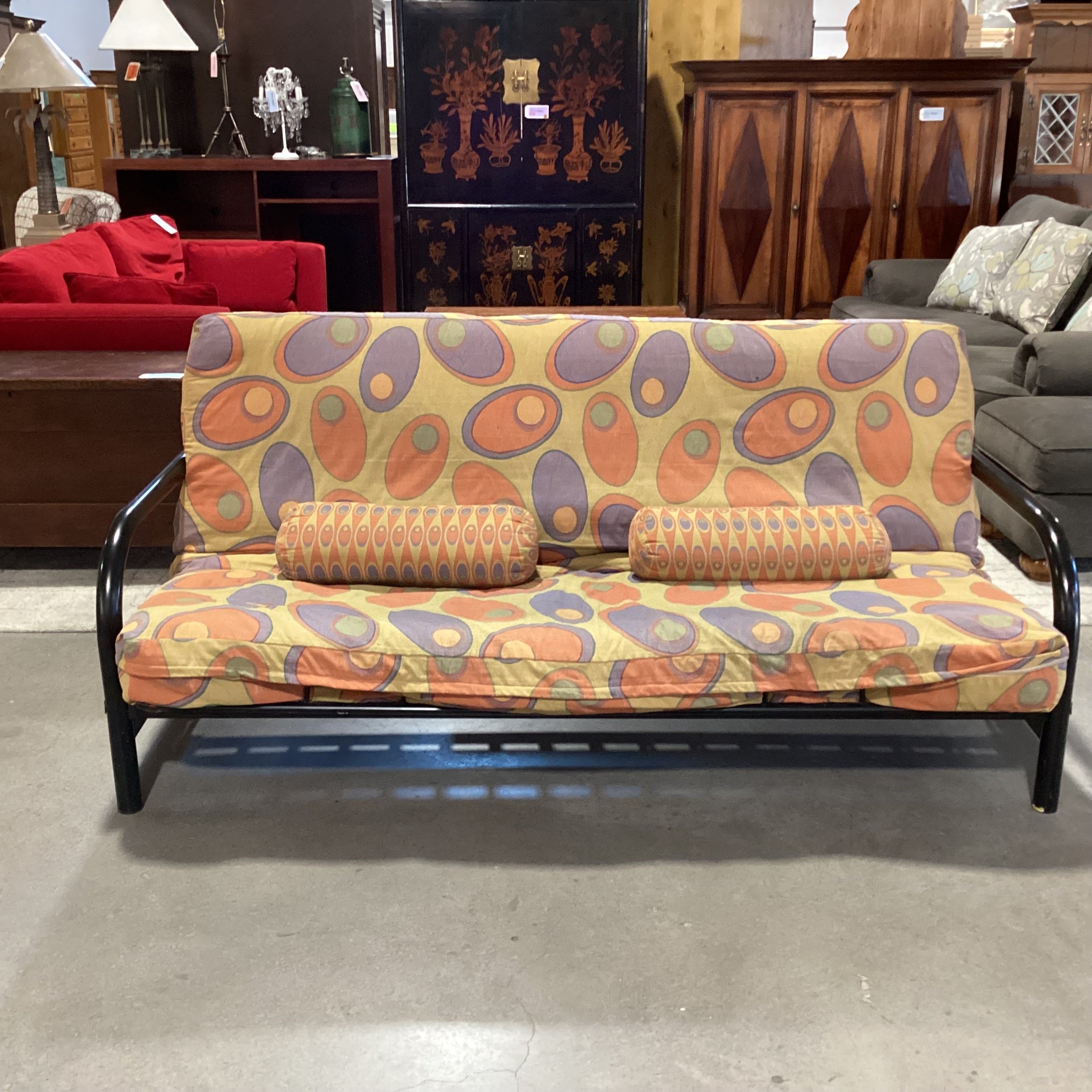 Gold Orange & Purple Circle Design Cushion & Black Metal Futon Sofa 79"x 44" to 56"x 38"