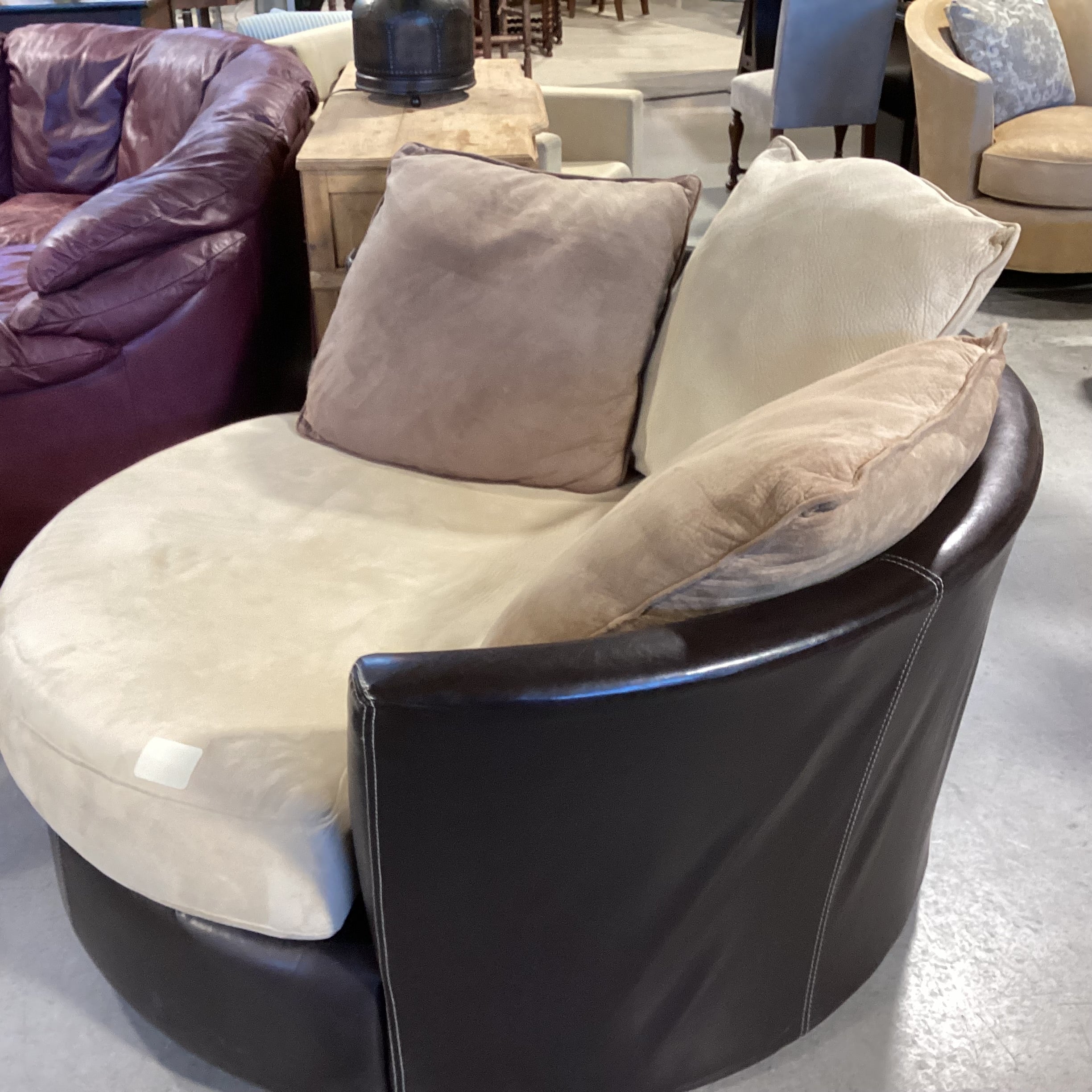 Beige Brown Micro Suede & Dark Brown Faux Leather Swivel Cuddle Chair 58"x 56"x 29"