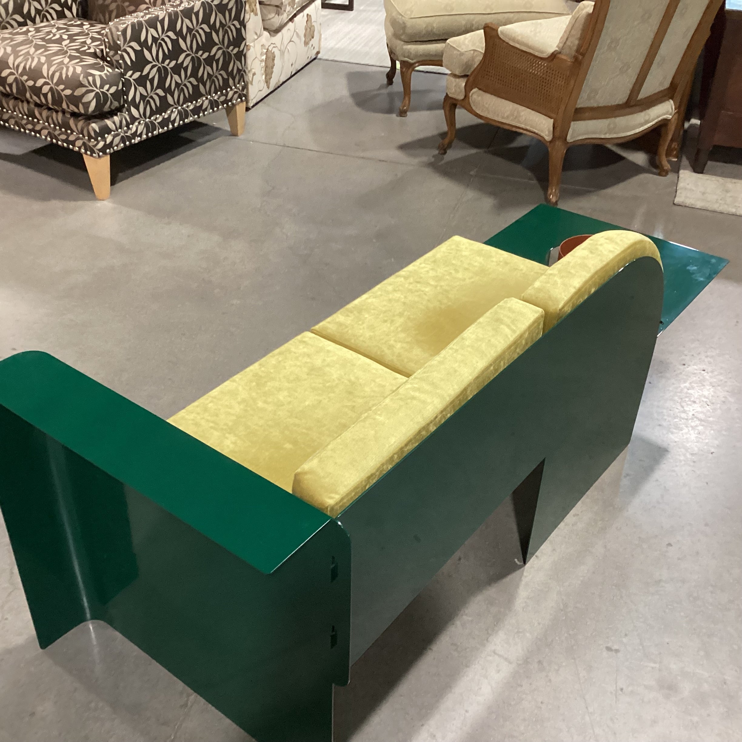 Maxim Scherbakov for Supaform Disused Collection Powder Coated Steel & Yellow Velvet Cushions Bench Sofa 72"x 26"x 28"