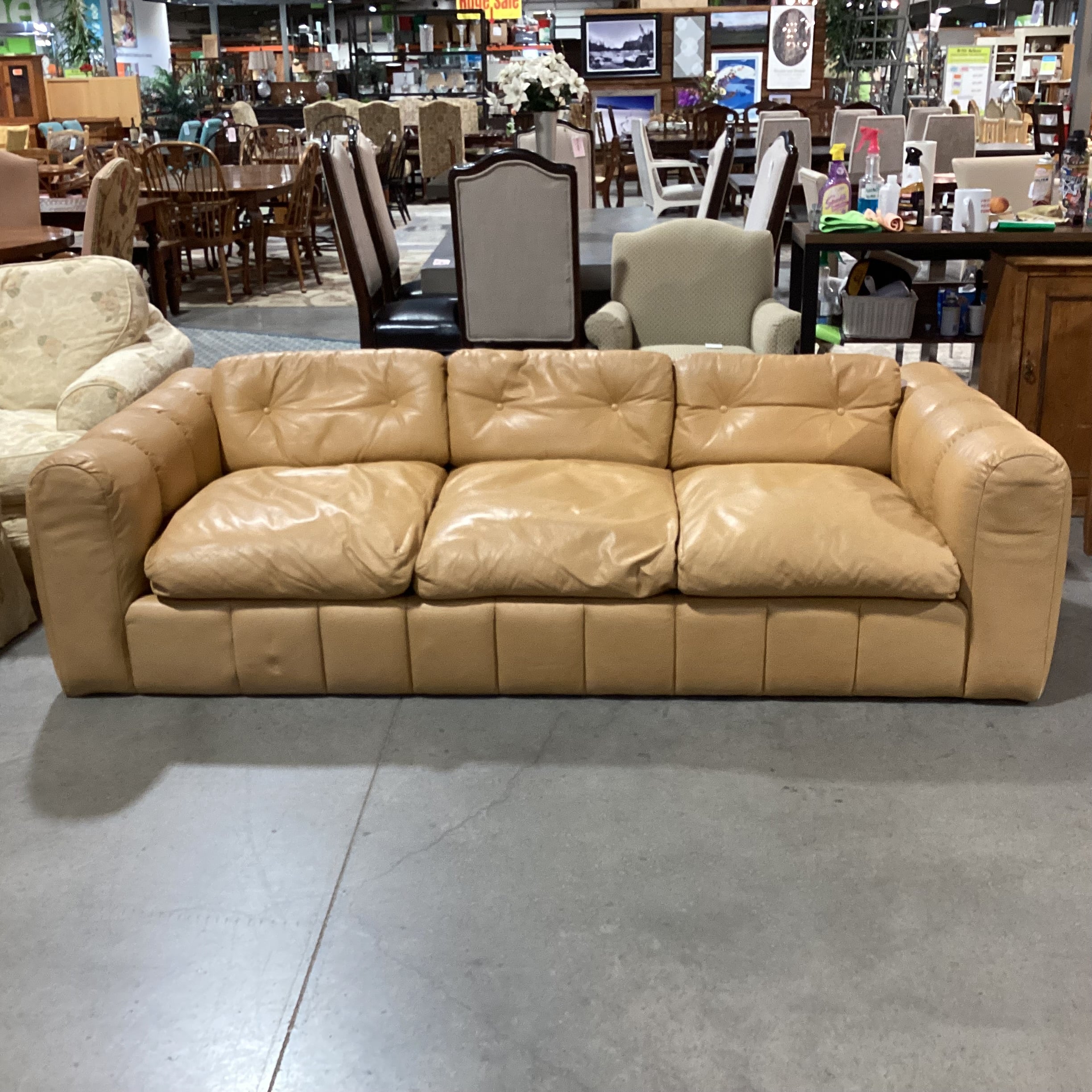 Interior Crafts Chicago Vintage Tan Leather Channel Ribbed Tufted Sofa 98"x 42"x 26"