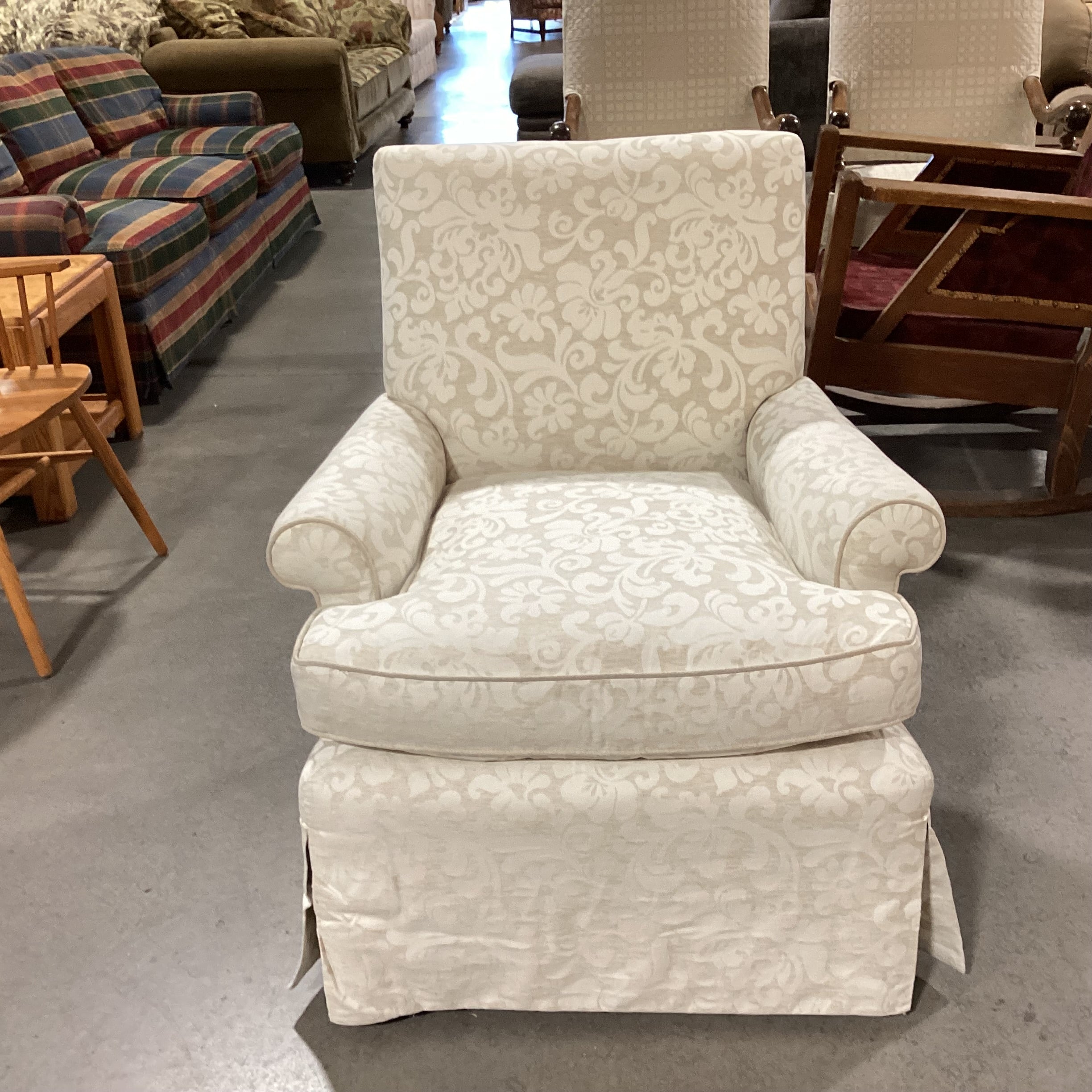 Custom Ivory Cream Linen Raised Scroll Floral Chair 32"x 34"x 35"
