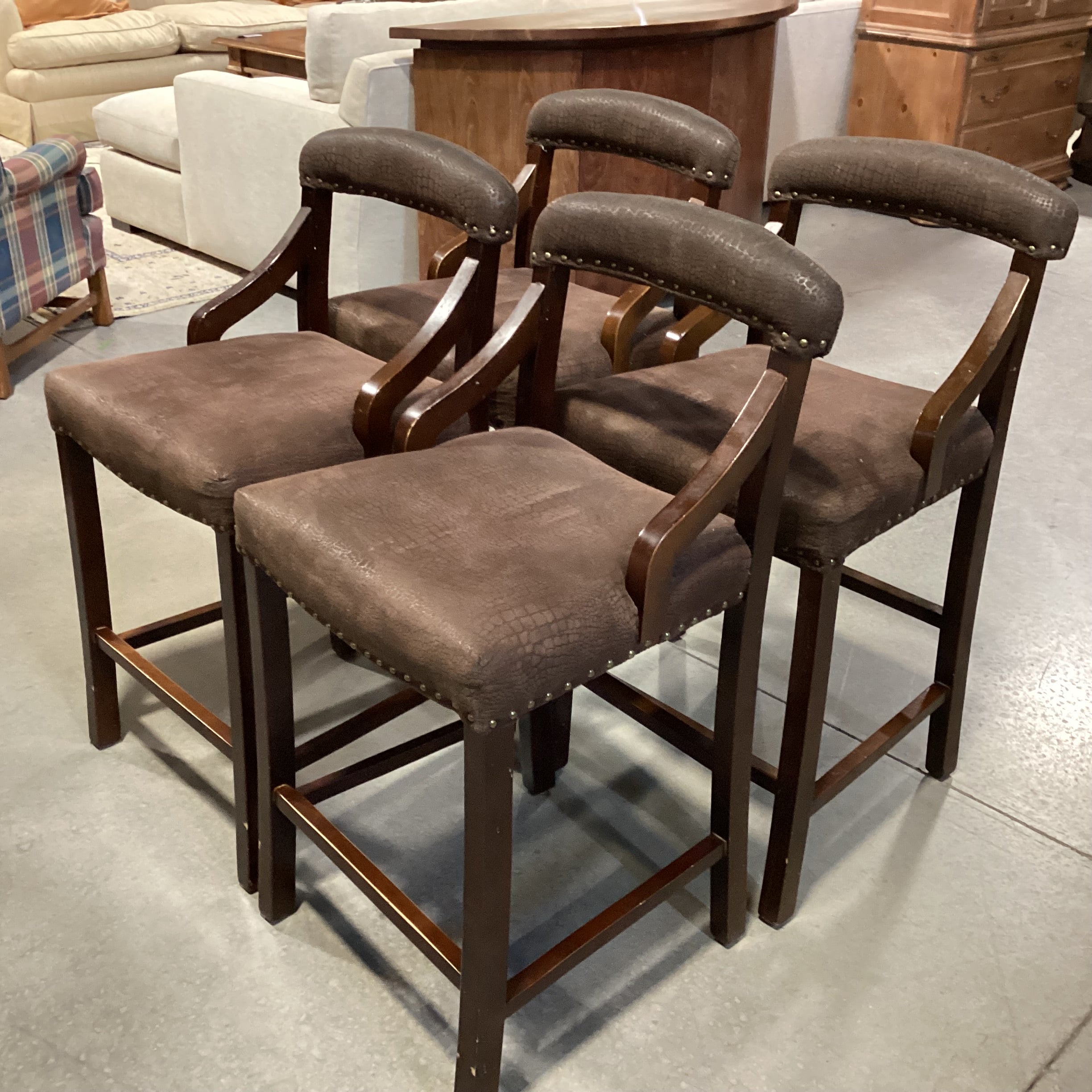 SET of 4 Pier 1 Imports Wood & Croc Style Micro Suede with Nailhead Barstools 26"