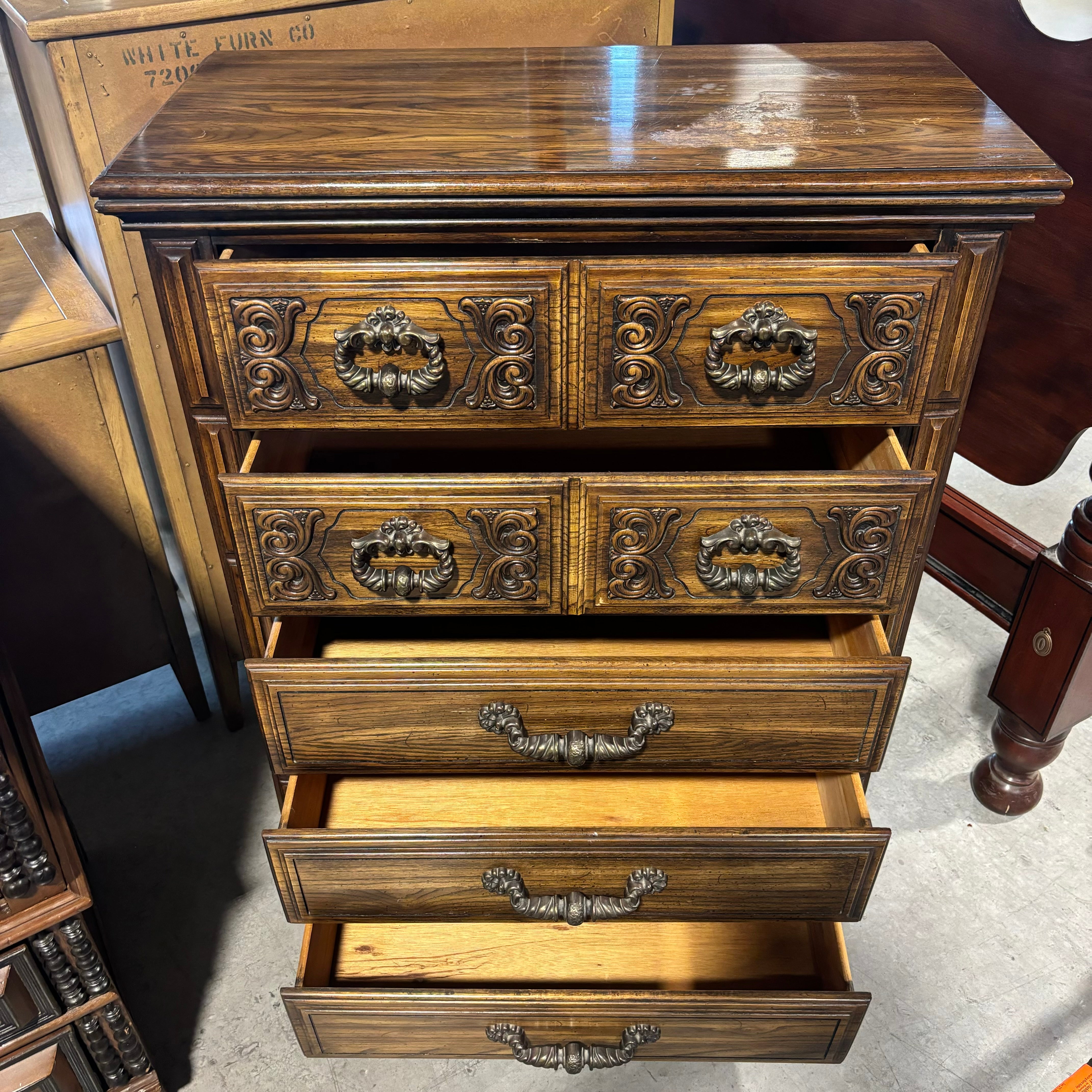 Ornate Carved Dark Finish Wood with Metal Handles 5 Drawer Dresser 36"x 18"x 47"