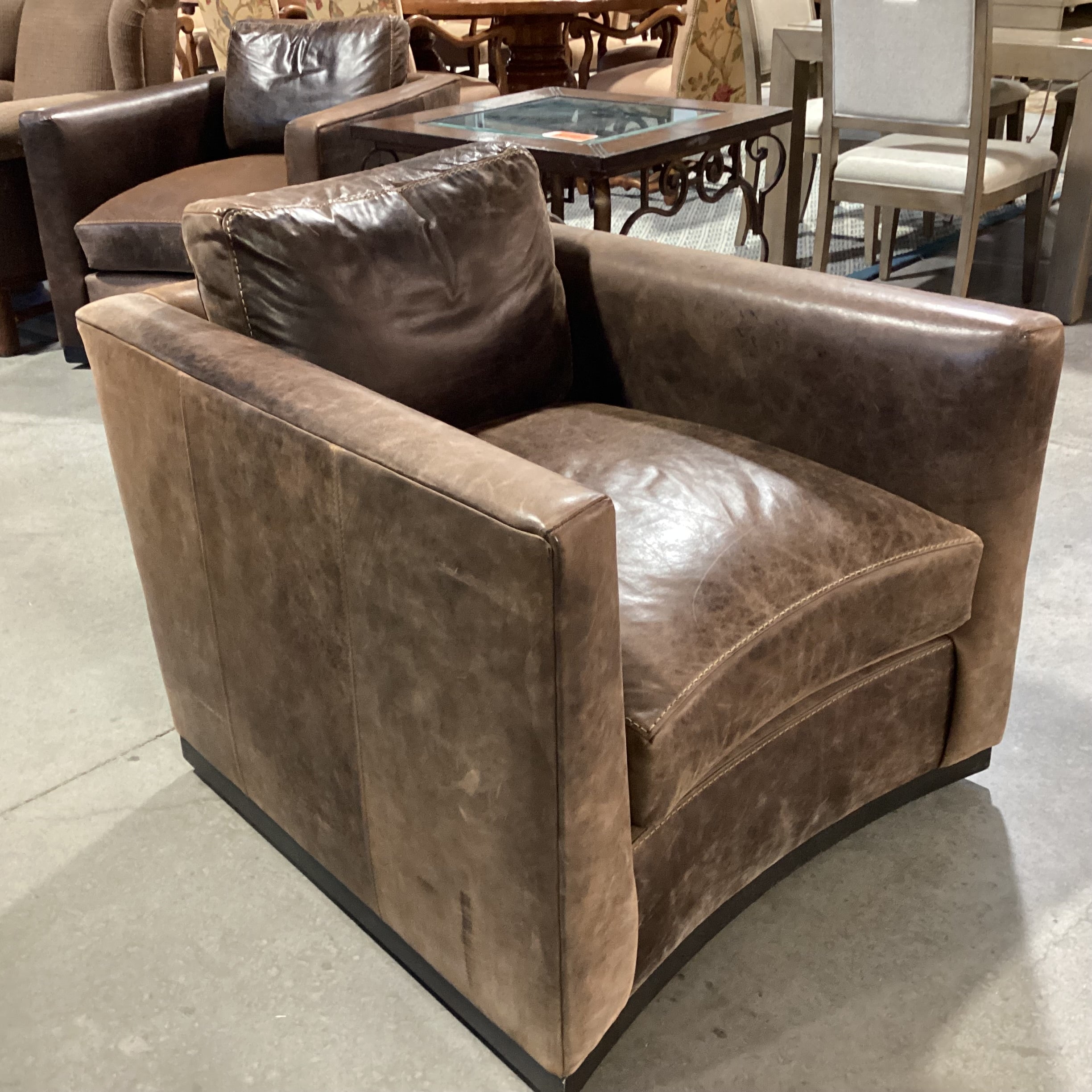 Lee Industries Distressed Leather Down Mix Track Arm Swivel Chair 34"x 39"x 28"