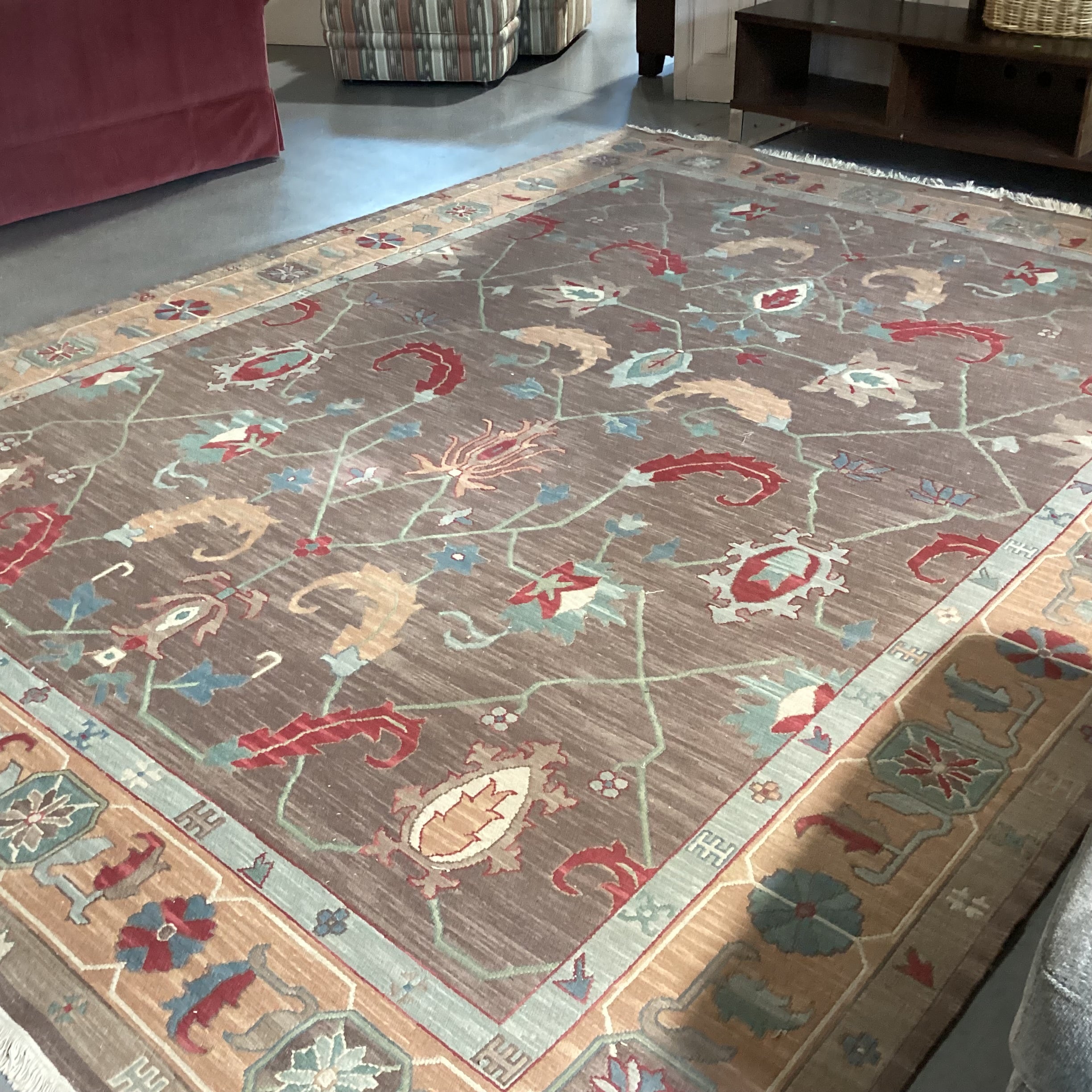 Taupe Peach Red & Teal Floral with Border Hand Woven Wool Rug 9'1"x 12'1"