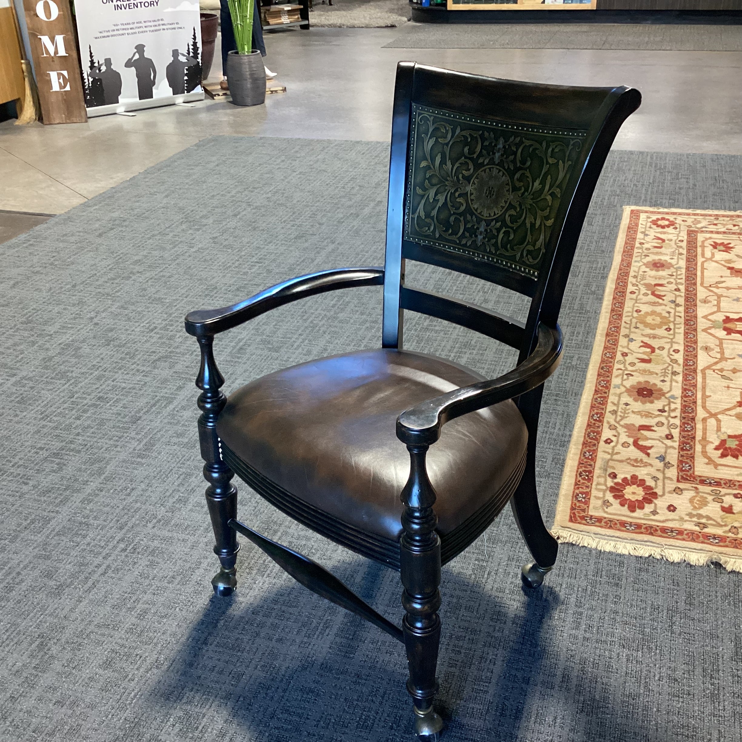 Black Distressed Wood Leather Seat & Ornate Metal Back Detail Frisco Castered Chair 24"x 23"x 40"