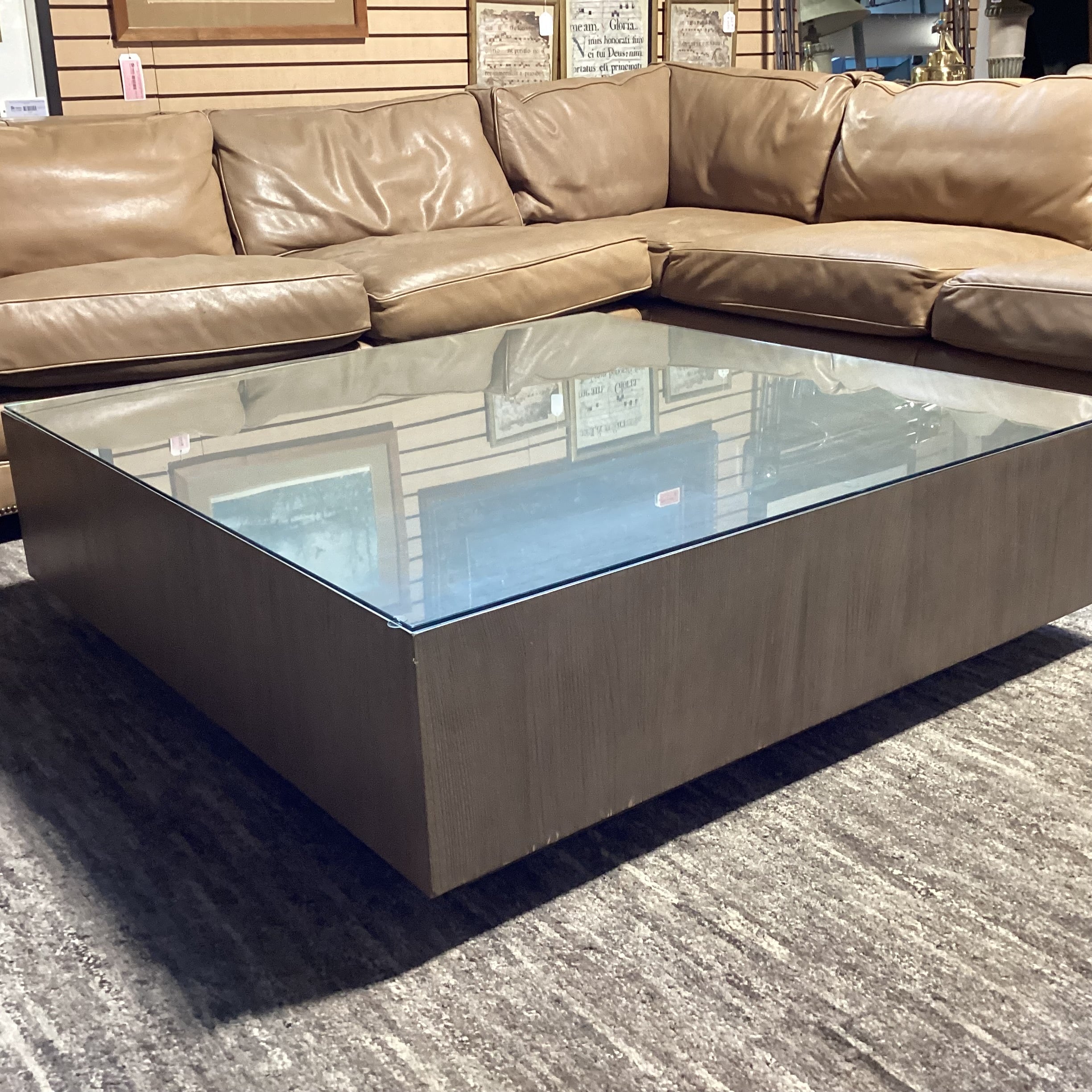 Modern Grey Sage Finished Oak & Glass Top Coffee Table 48"x 48"x 14.5"