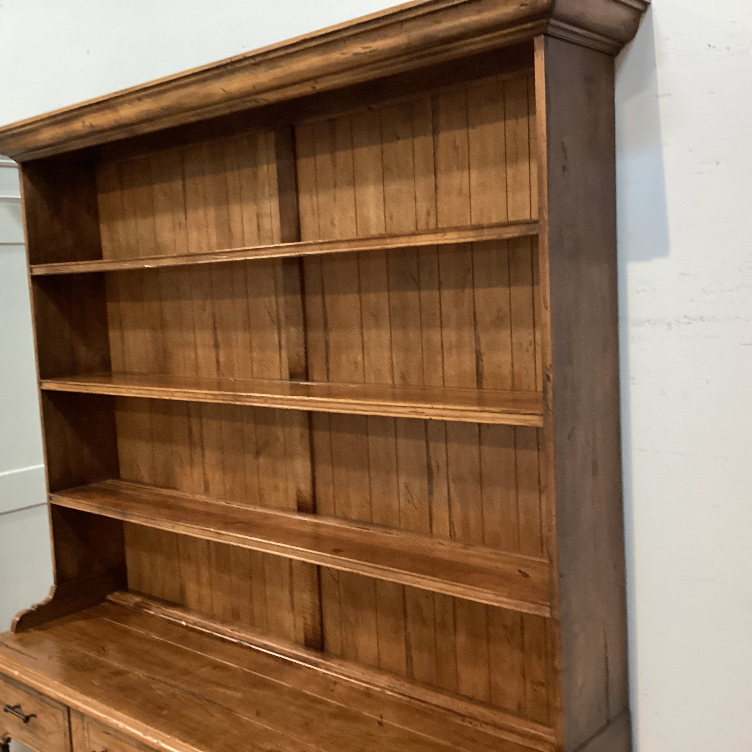 Ethan Allen Vintage Carved Distressed Wood 3 Drawers & Shelves 2 Piece China Hutch 65"x 19"x 82.5"