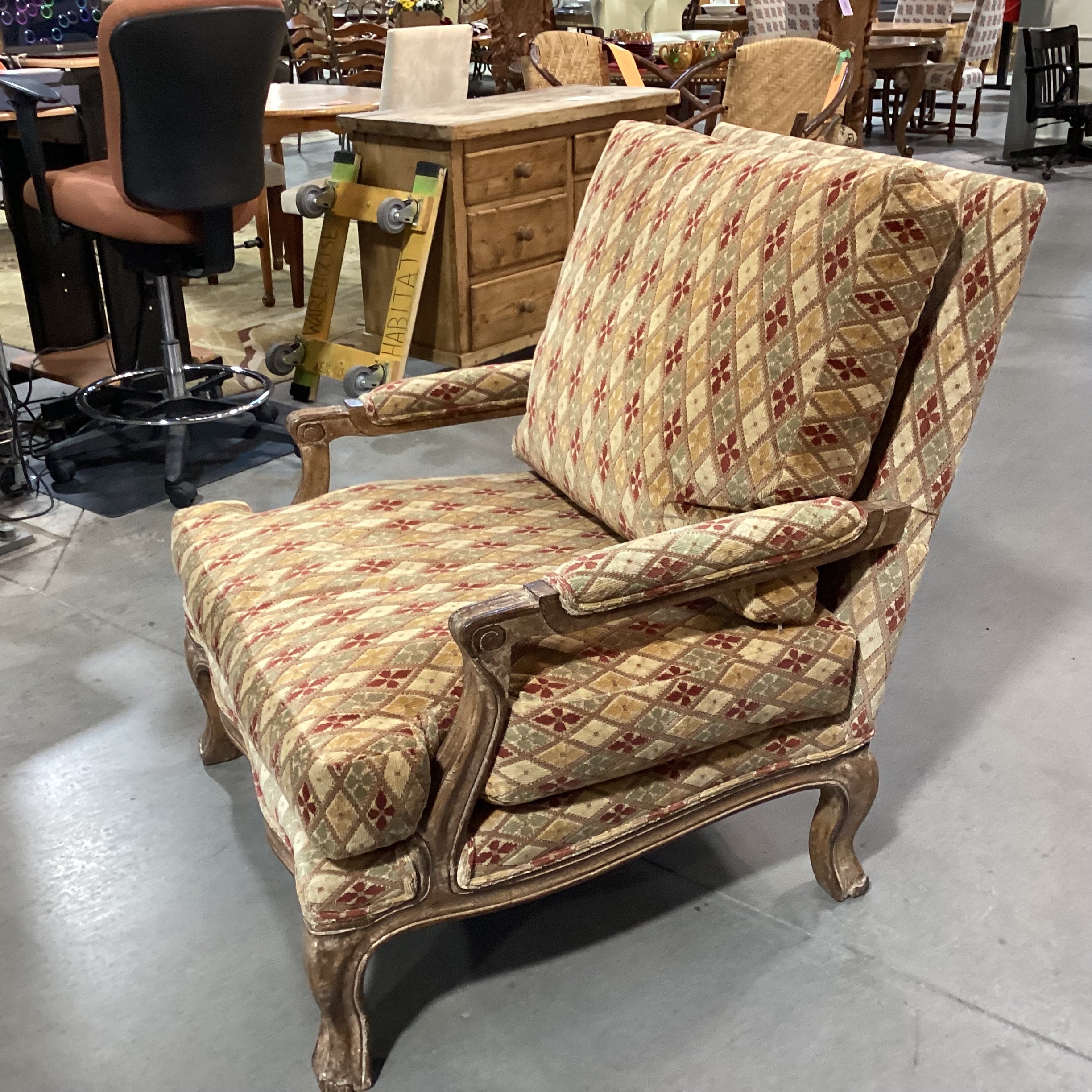 Kreiss Collection Gold Rust Sage Raised Chenille Diamond Pattern & Antiqued Finish Carved Wood Chair 34"x 36"x 40"