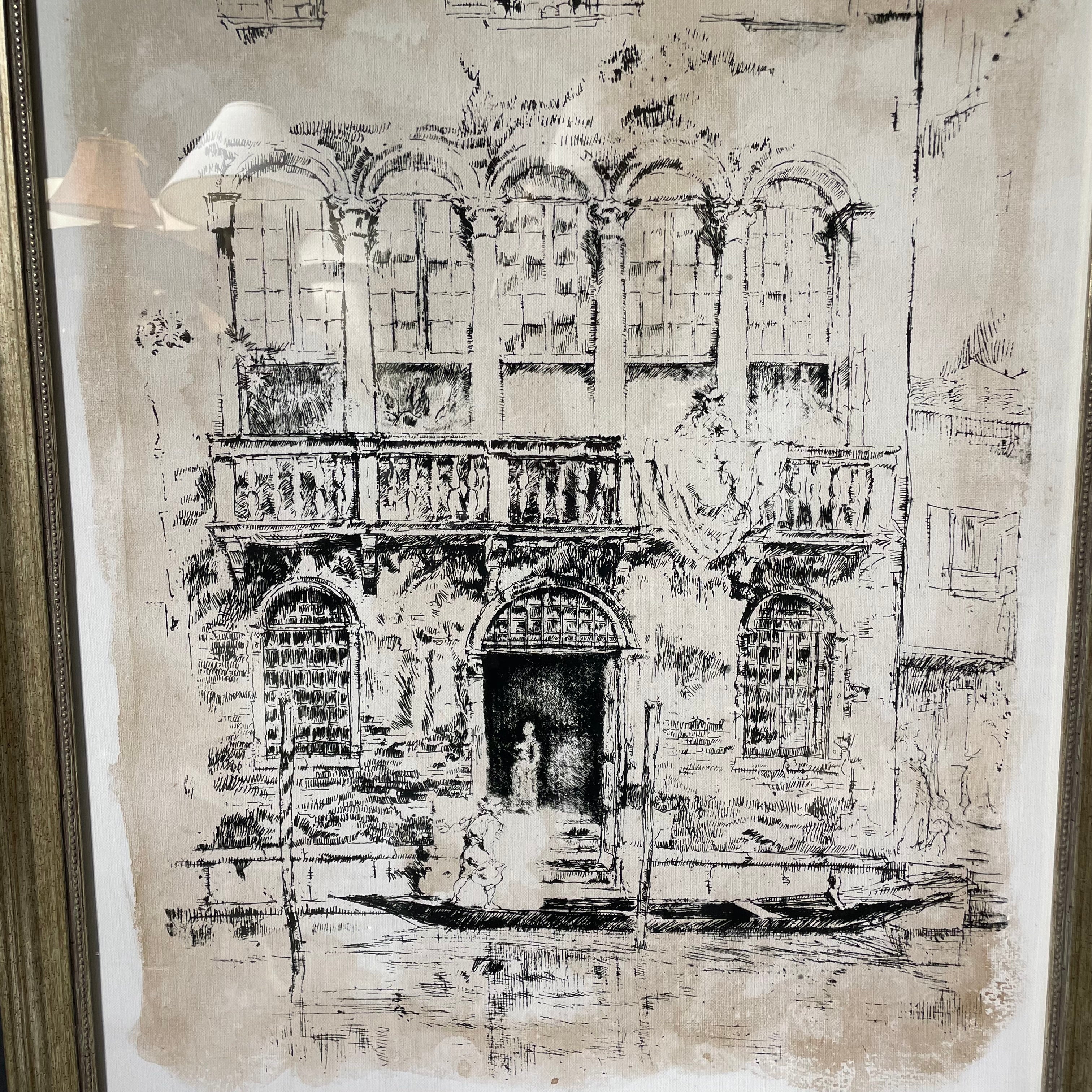 James McNeill Whistlers "The Balcony" 1886 Etching Print  In Gold Frame 23 1/2" x 27 1/2"