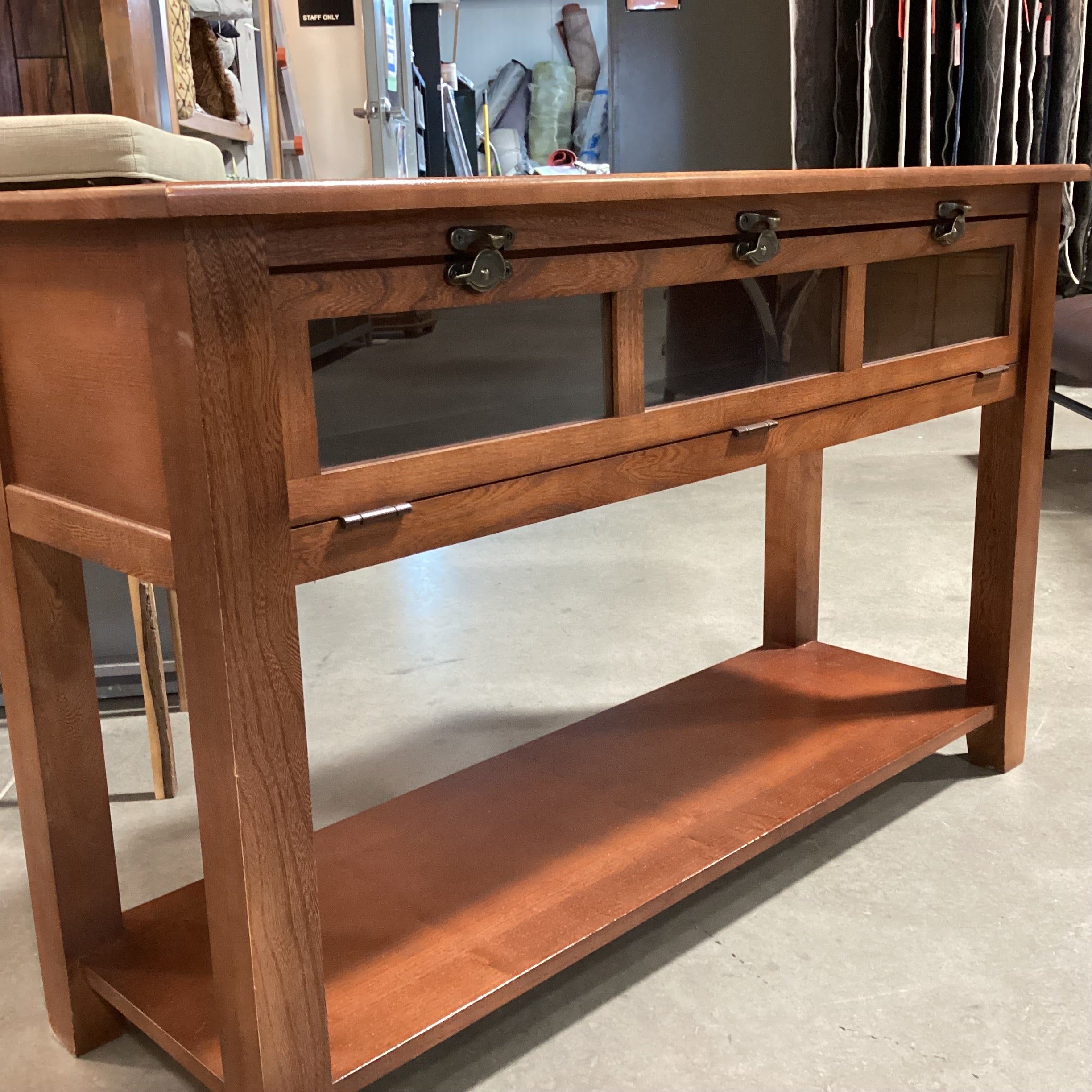 Finished Oak Flip Down Paned Glass Door & Bottom Shelf Console 46"x 16"x 29.5"