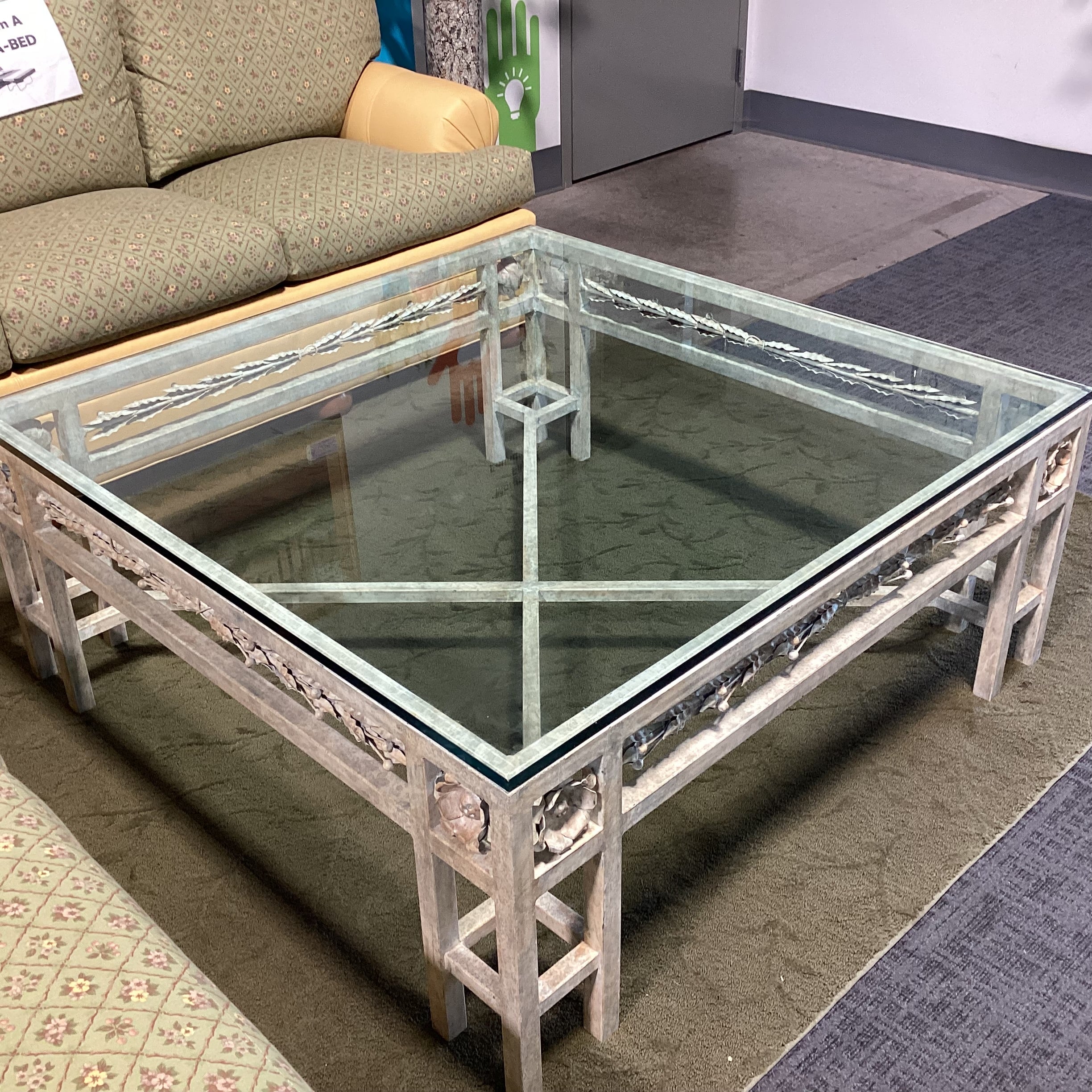 Brushed Antiqued Ivory Iron with Floral Detail & Glass Coffee Table 48"x 48"x 20"