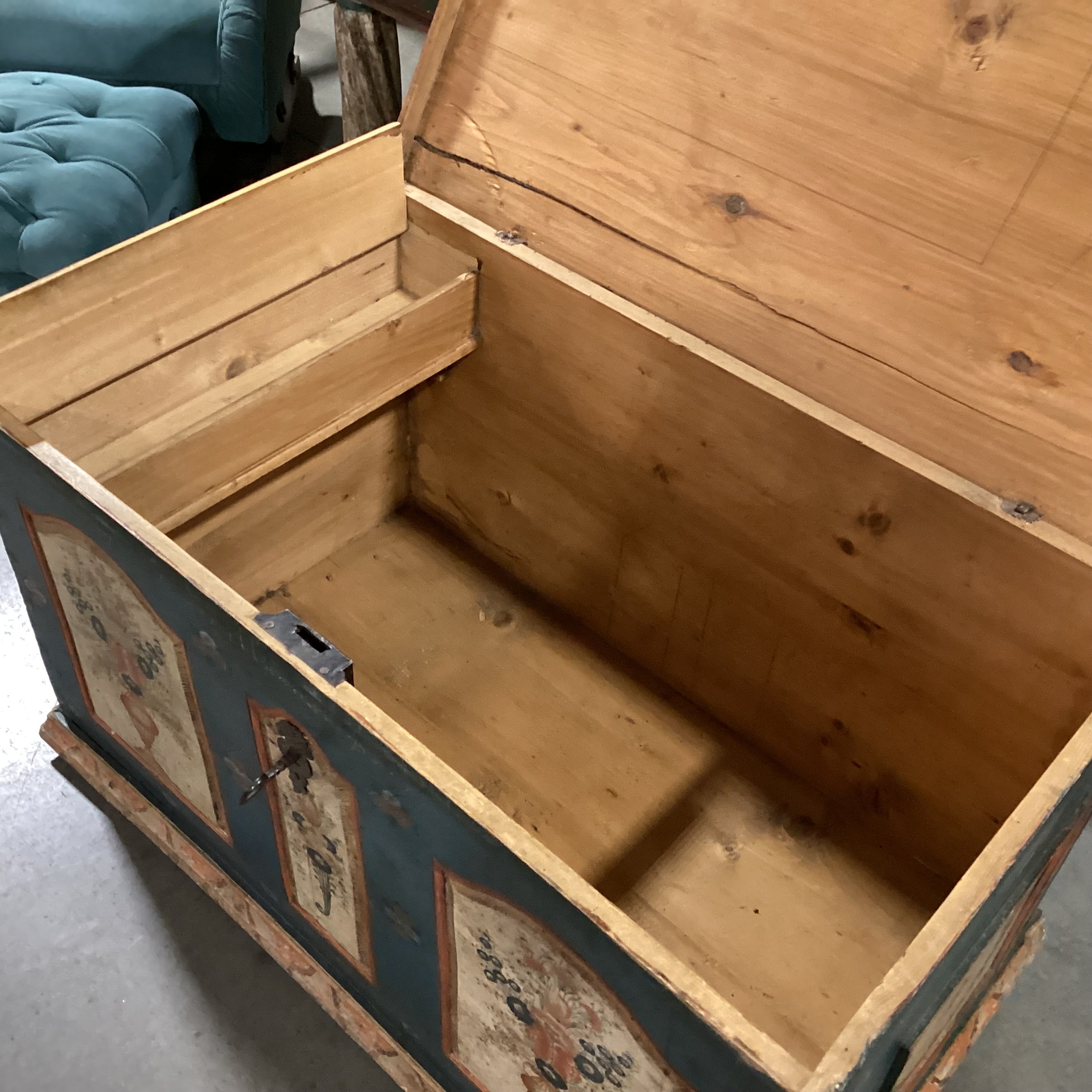 Antique Carved Wood Hand Painted Blue with Floral Panels Trunk 42"x 25"x 23.5"
