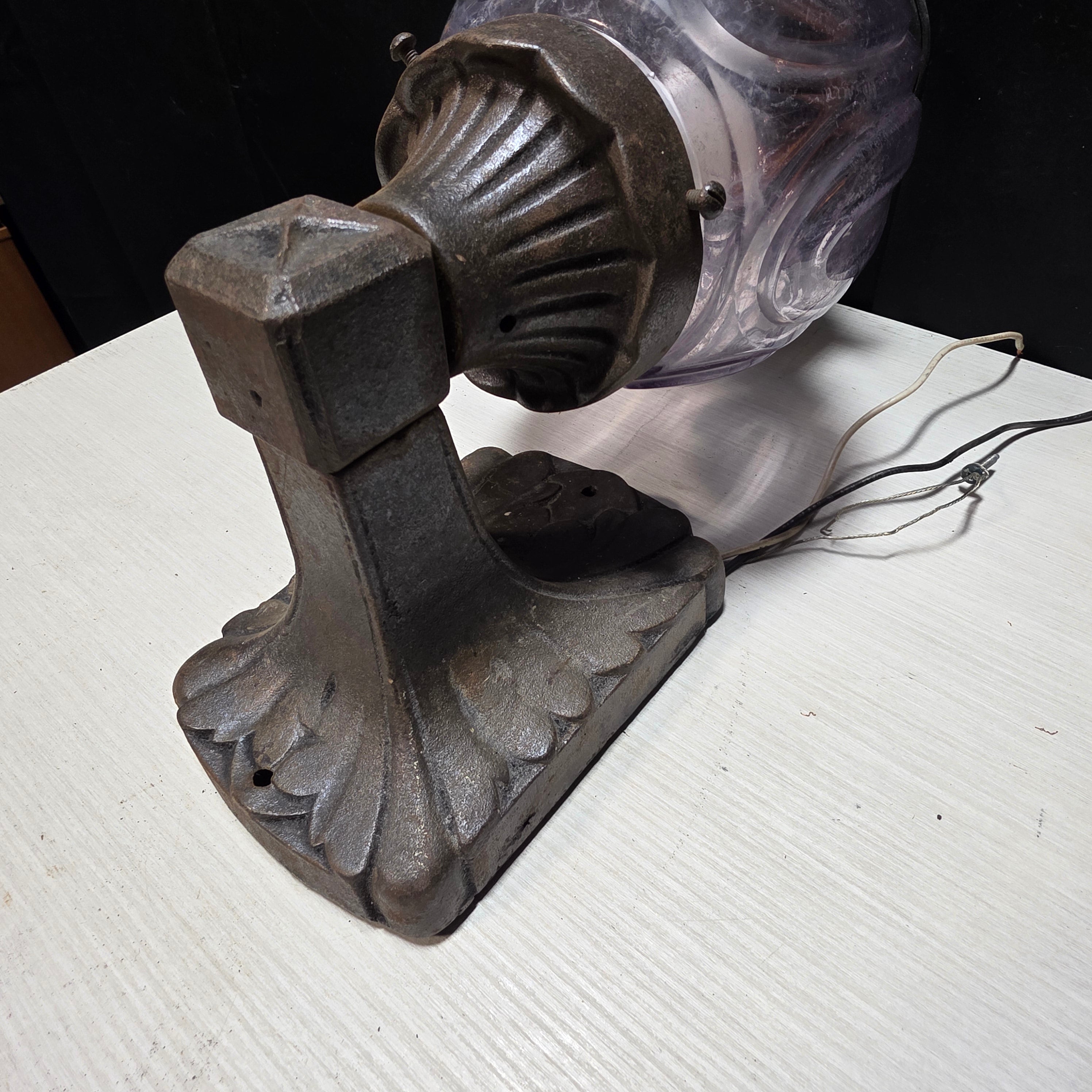 Antique Lavender Glass with Cast Iron Stand Sconce 4.5"x7.5"x15"