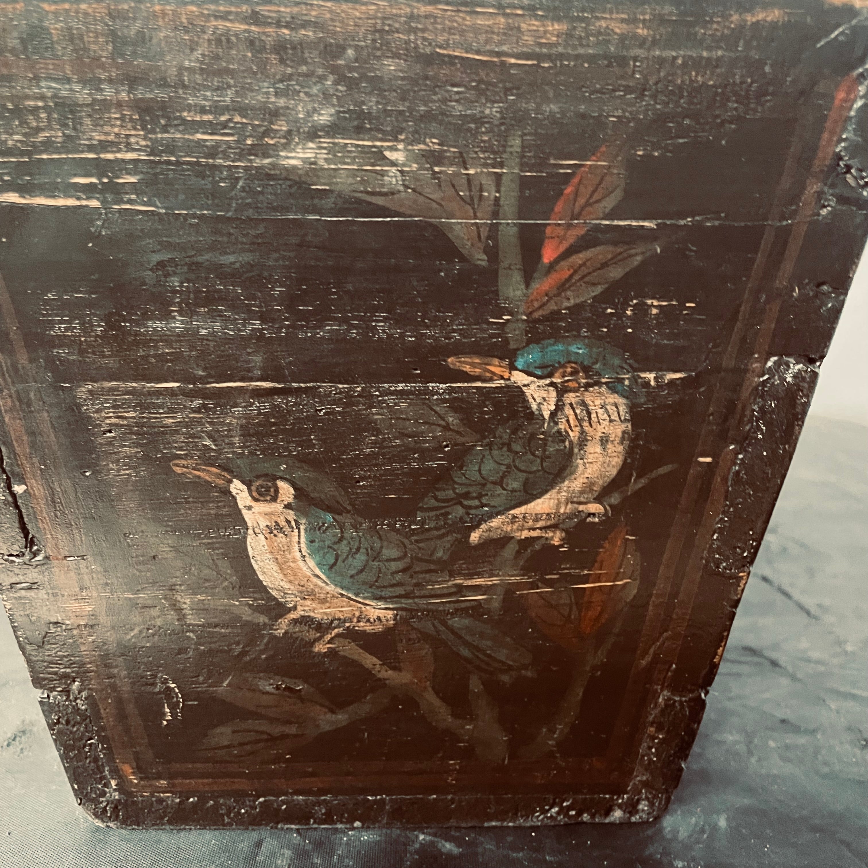 Antique Chinese Handpainted Flowers/Birds Elm Wood Rice/Grain Basket, 14"x 8"x 15"